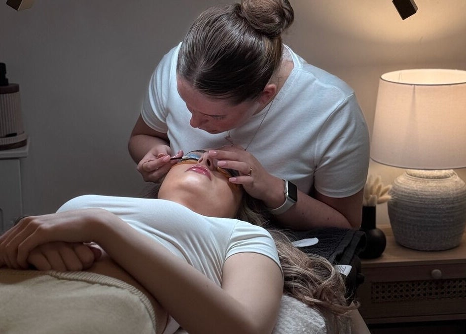 Eyelash extension treatment at Coconut & Co, Penrith, England, GB. Calm setting with soft lighting.
