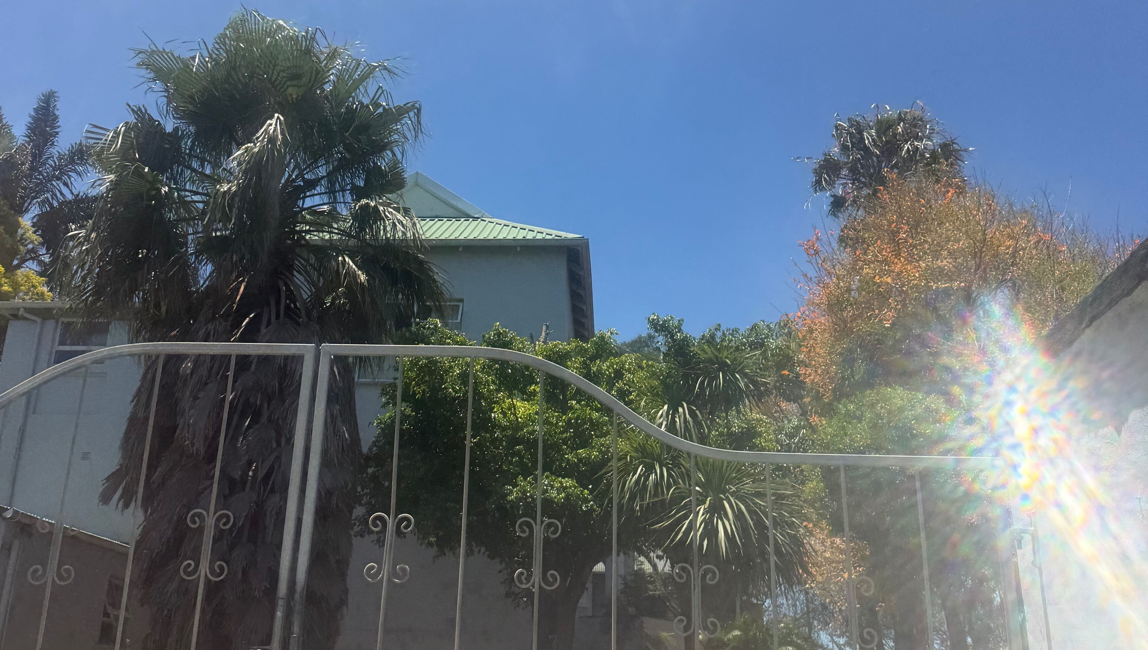 Lush palm trees and gated entrance of AM BEAUTY in East London, Eastern Cape, ZA.