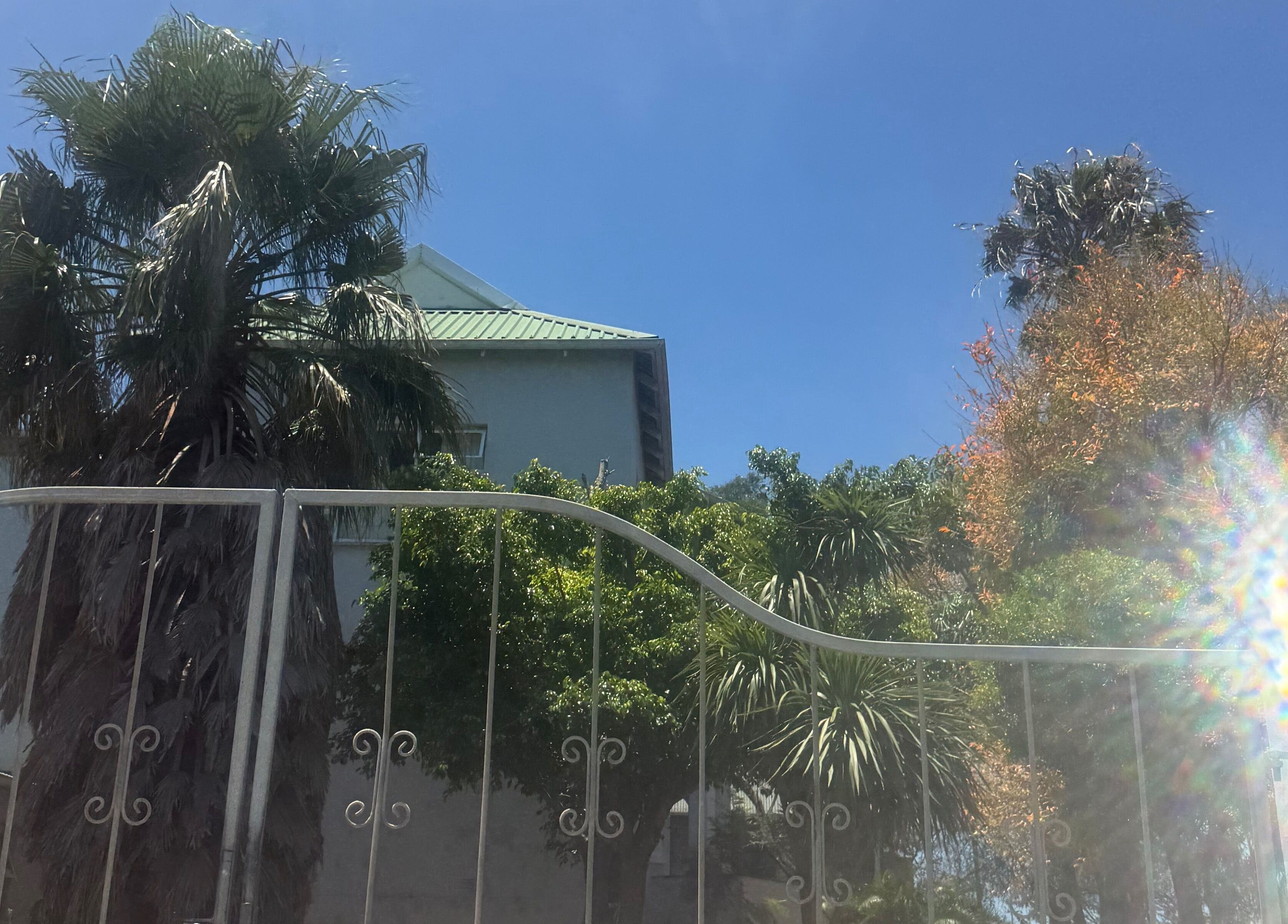 Lush palm trees and gated entrance of AM BEAUTY in East London, Eastern Cape, ZA.