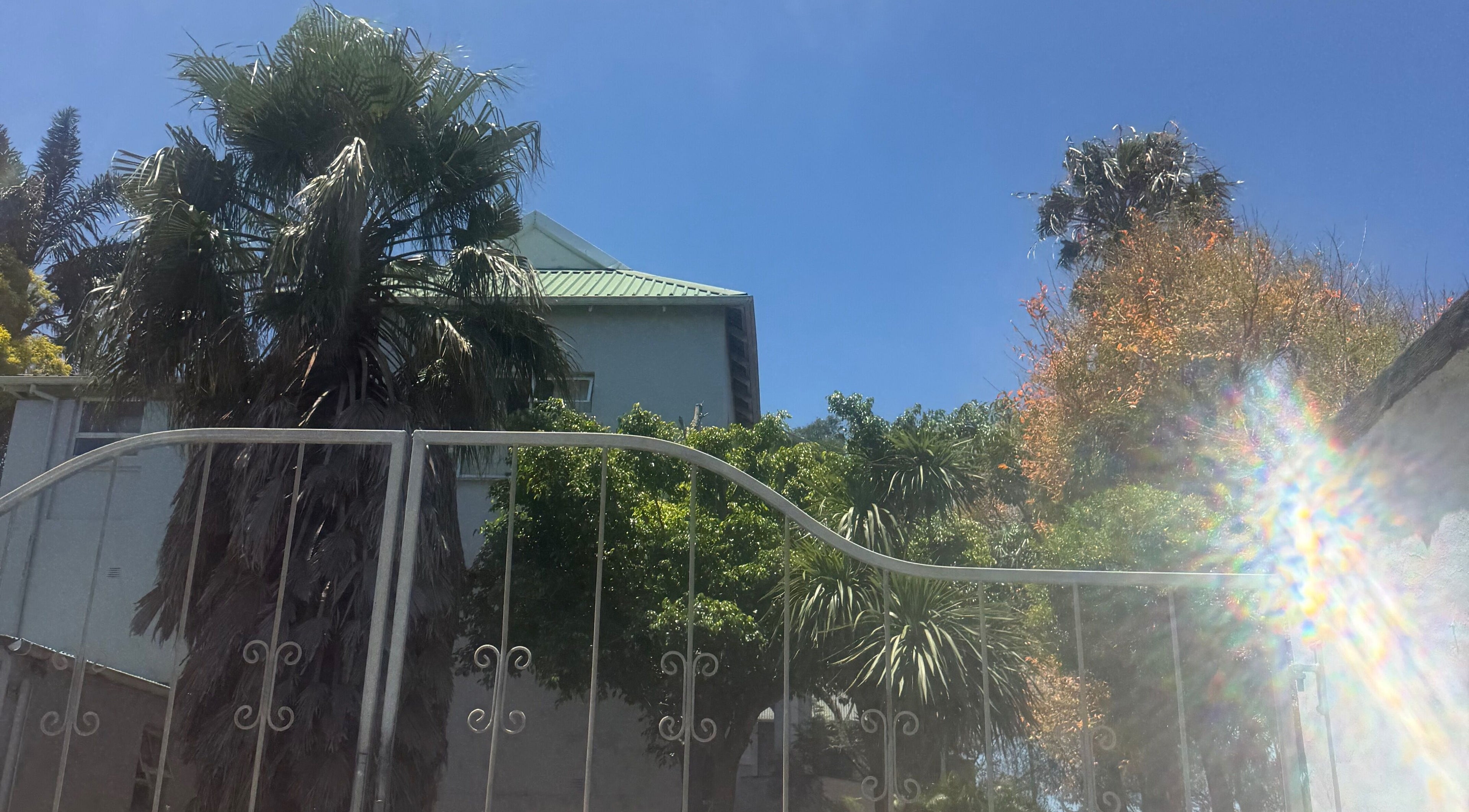 Lush palm trees and gated entrance of AM BEAUTY in East London, Eastern Cape, ZA.