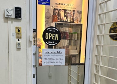 Entrance of Hair Lover Salon in Klang, Selangor, MY, showing an open sign and salon details.