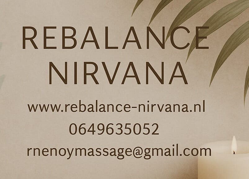 Contactgegevens en een kaars bij Rebalance & Nirvana massagepraktijk in Landgraaf, Limburg, NL.