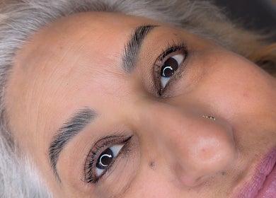 Close-up of a client's beautifully shaped eyebrows at Brows by Bettina, Tadley, England, GB.