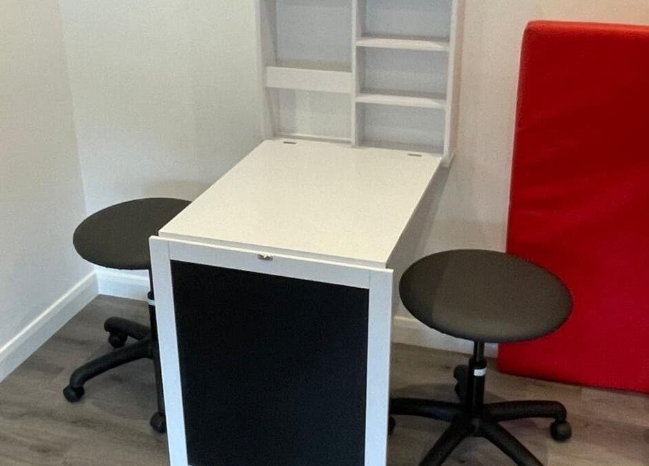 Modern manicure station at Glambylilymay, Hadleigh, England, GB, designed for client comfort.