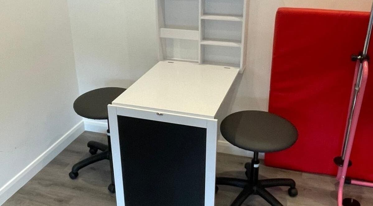 Modern manicure station at Glambylilymay, Hadleigh, England, GB, designed for client comfort.