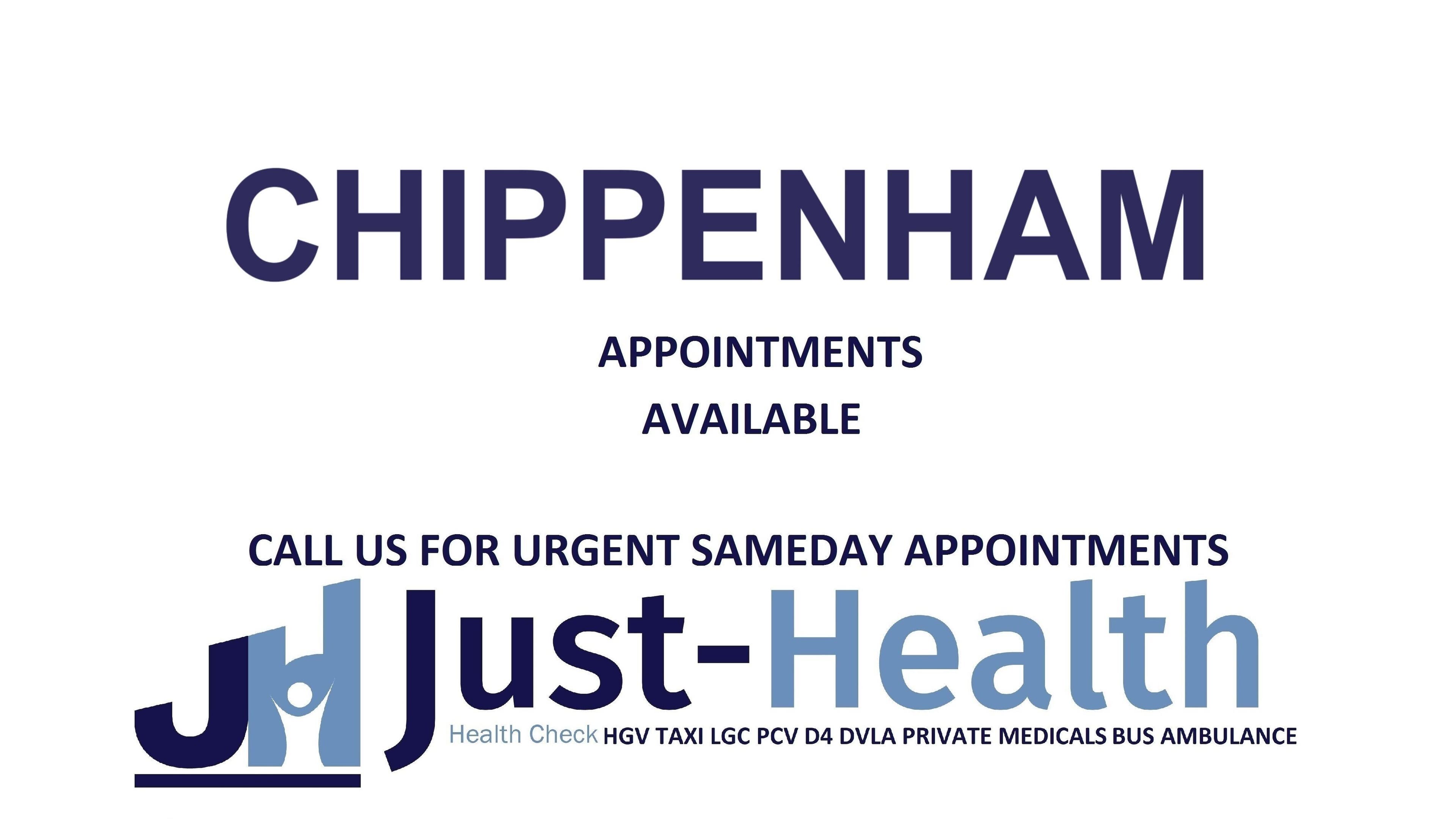 Just Health Chippenham Driver Medical Clinic SN14 6LH banner in Chippenham, England, GB offering same-day appointments.