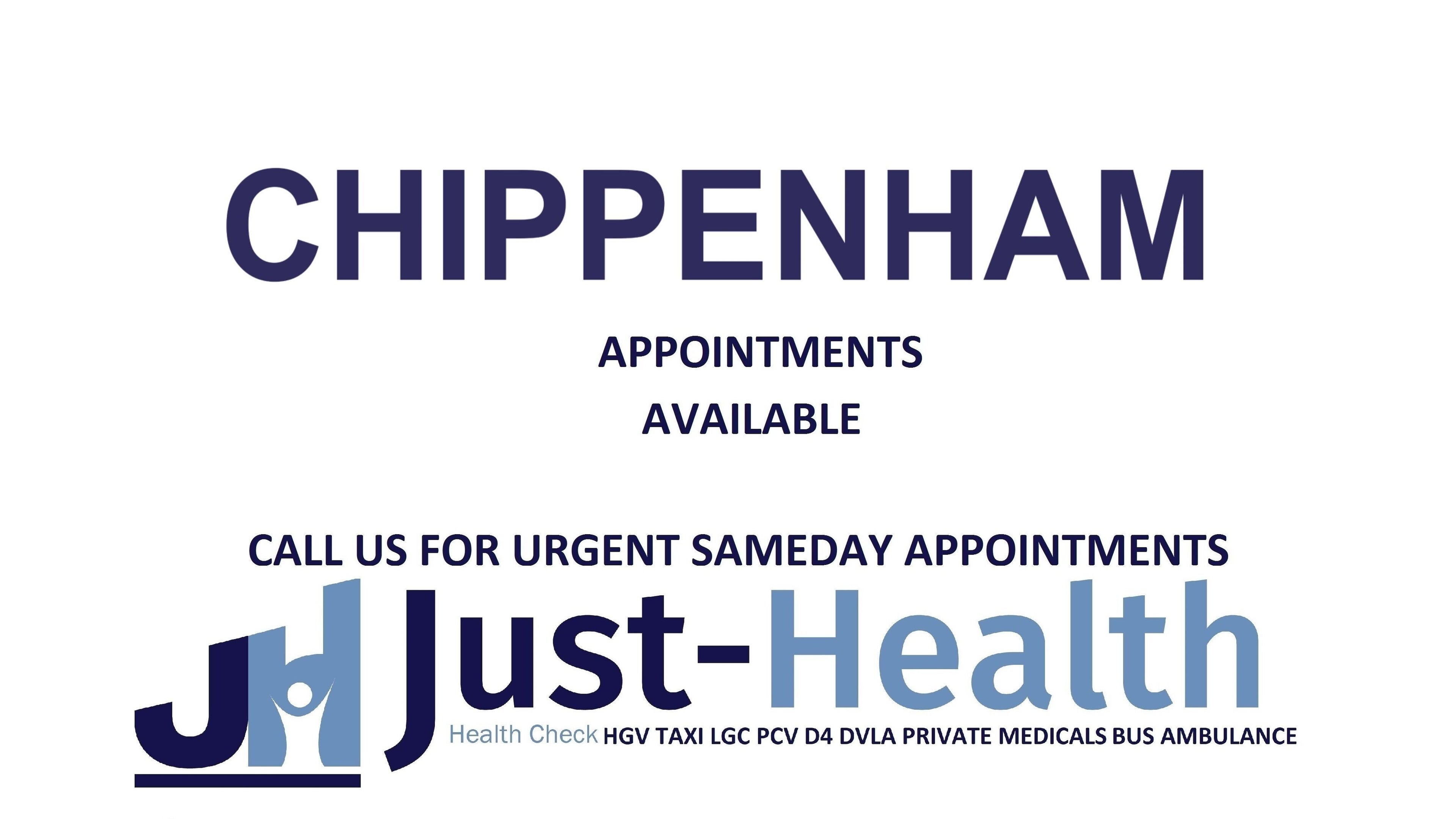 Just Health Chippenham Driver Medical Clinic SN14 6LH banner in Chippenham, England, GB offering same-day appointments.