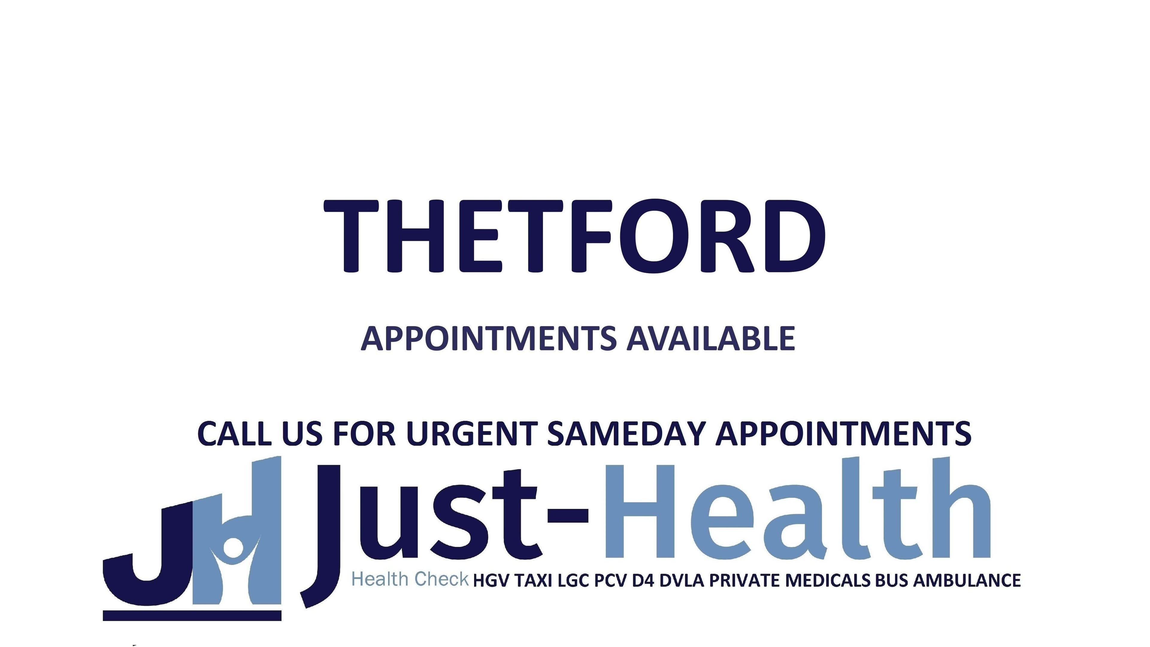 Just Health Thetford Driver Medical Clinic IP24 1HP offers same-day appointments in Thetford, England, GB.