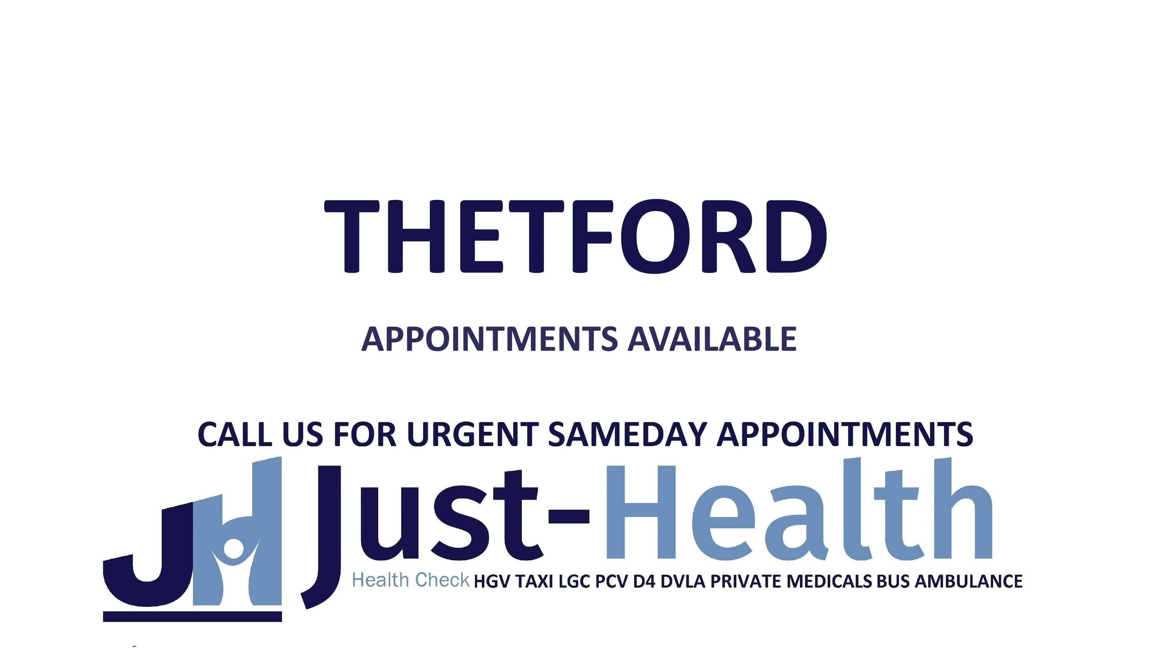Just Health Thetford Driver Medical Clinic IP24 1HP offers same-day appointments in Thetford, England, GB.