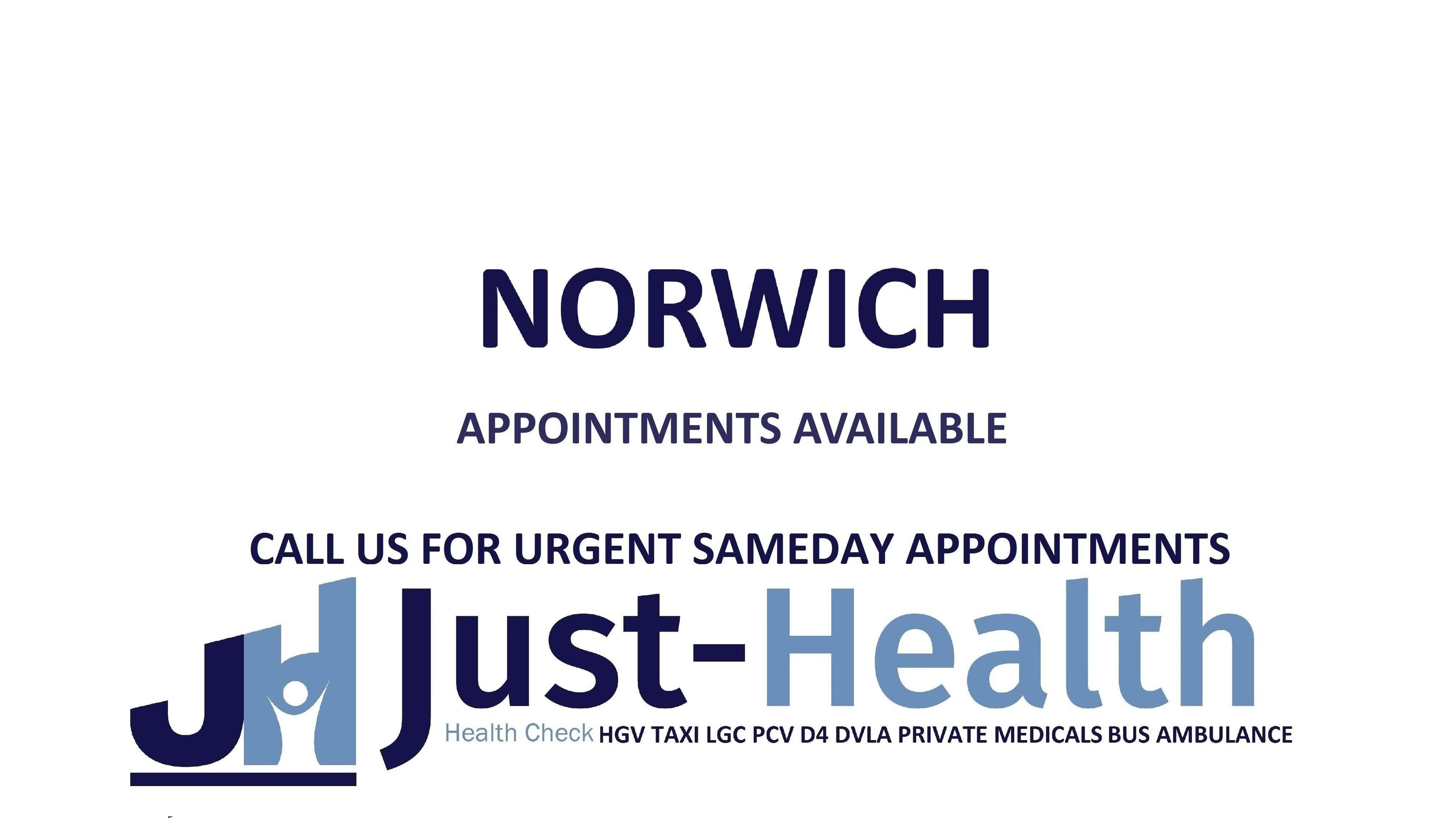 Just Health Norwich Driver Medical Clinic NR4 6DG offers same-day appointments at Norwich, England, GB.
