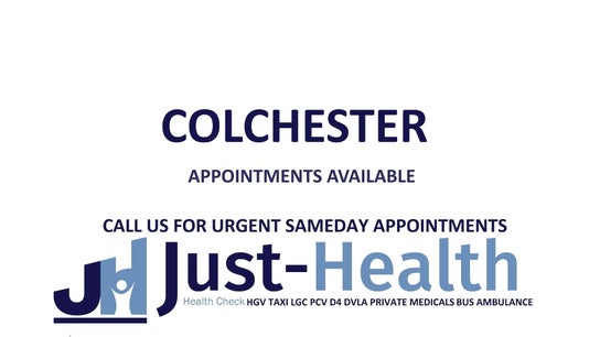 Appointments available at Just Health Colchester Driver Medical Clinic CO4 9QY, Colchester, England, GB.