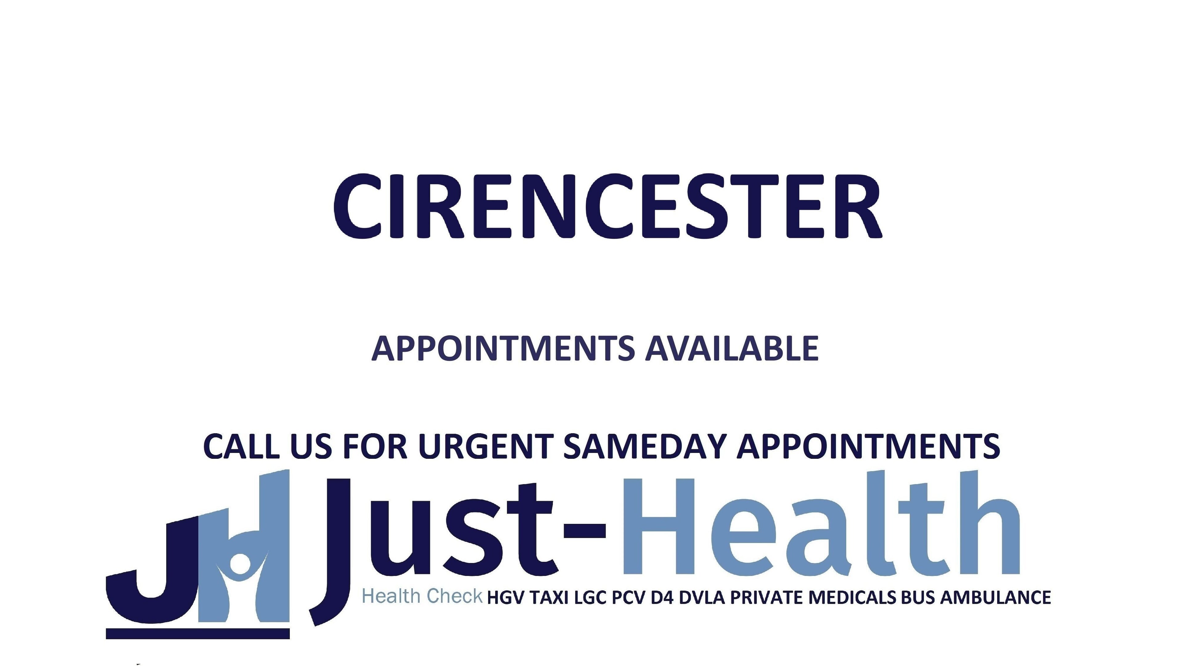 Just Health Cirencester Driver Medical Clinic GL7 1YS offers same-day medical appointments in Cirencester, England, GB.