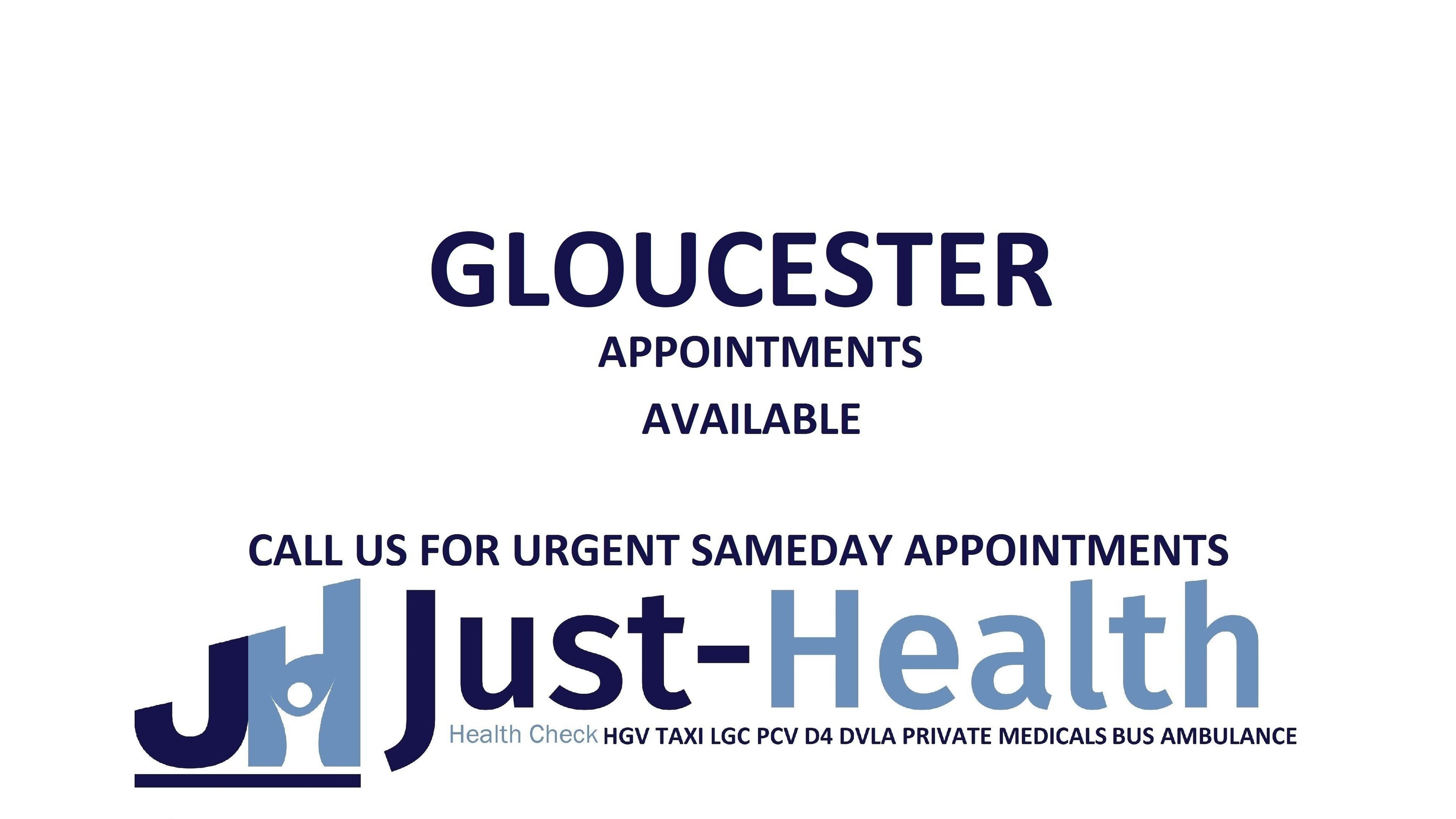 Just Health Gloucester Driver Medical Clinic GL3 4AQ offers urgent appointments in Gloucester, England, GB.