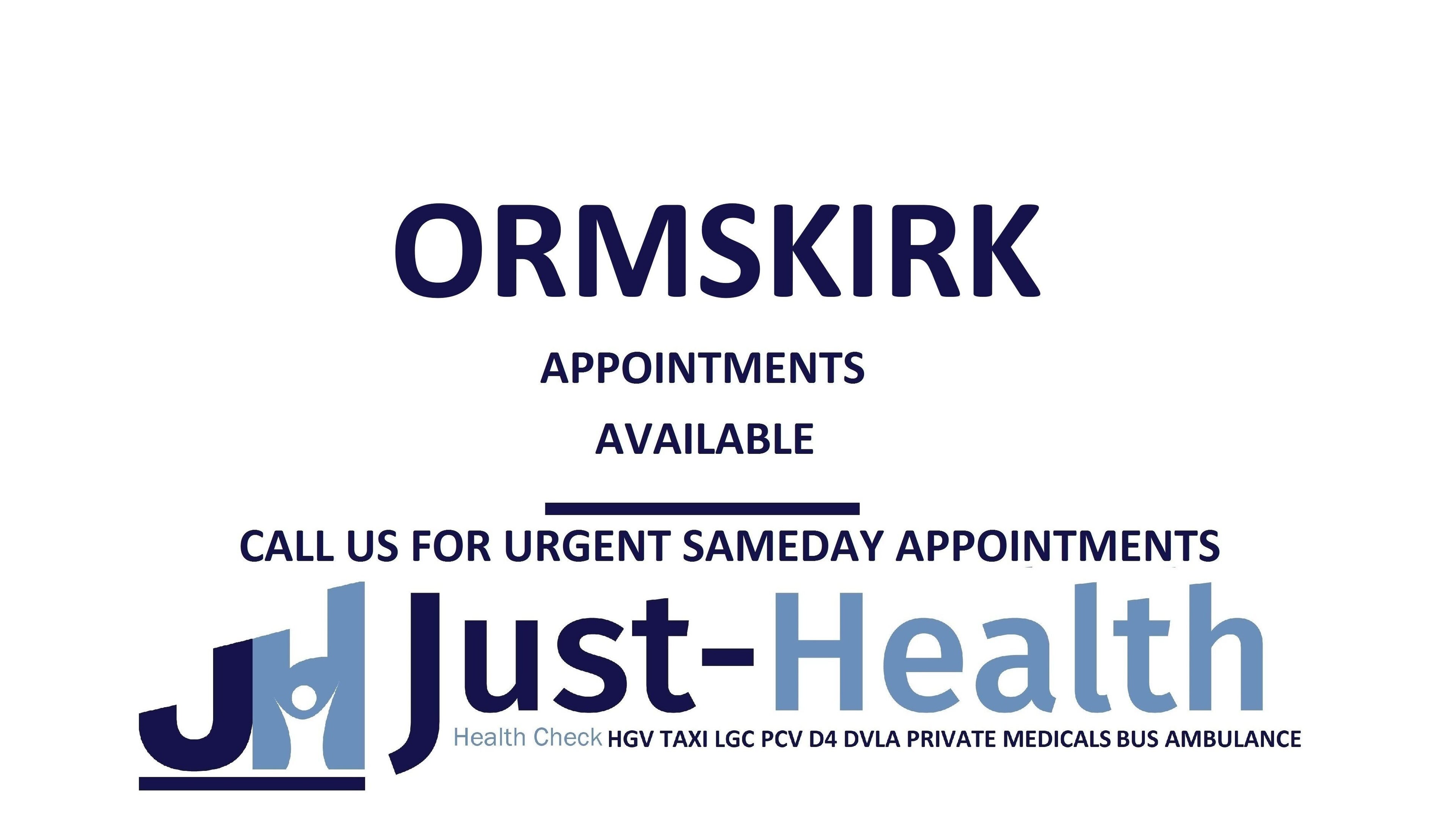 Visit Just Health Ormskirk Burscough Driver Medical Clinic L40 8AB, Ormskirk (Burscough), England, GB for appointments.