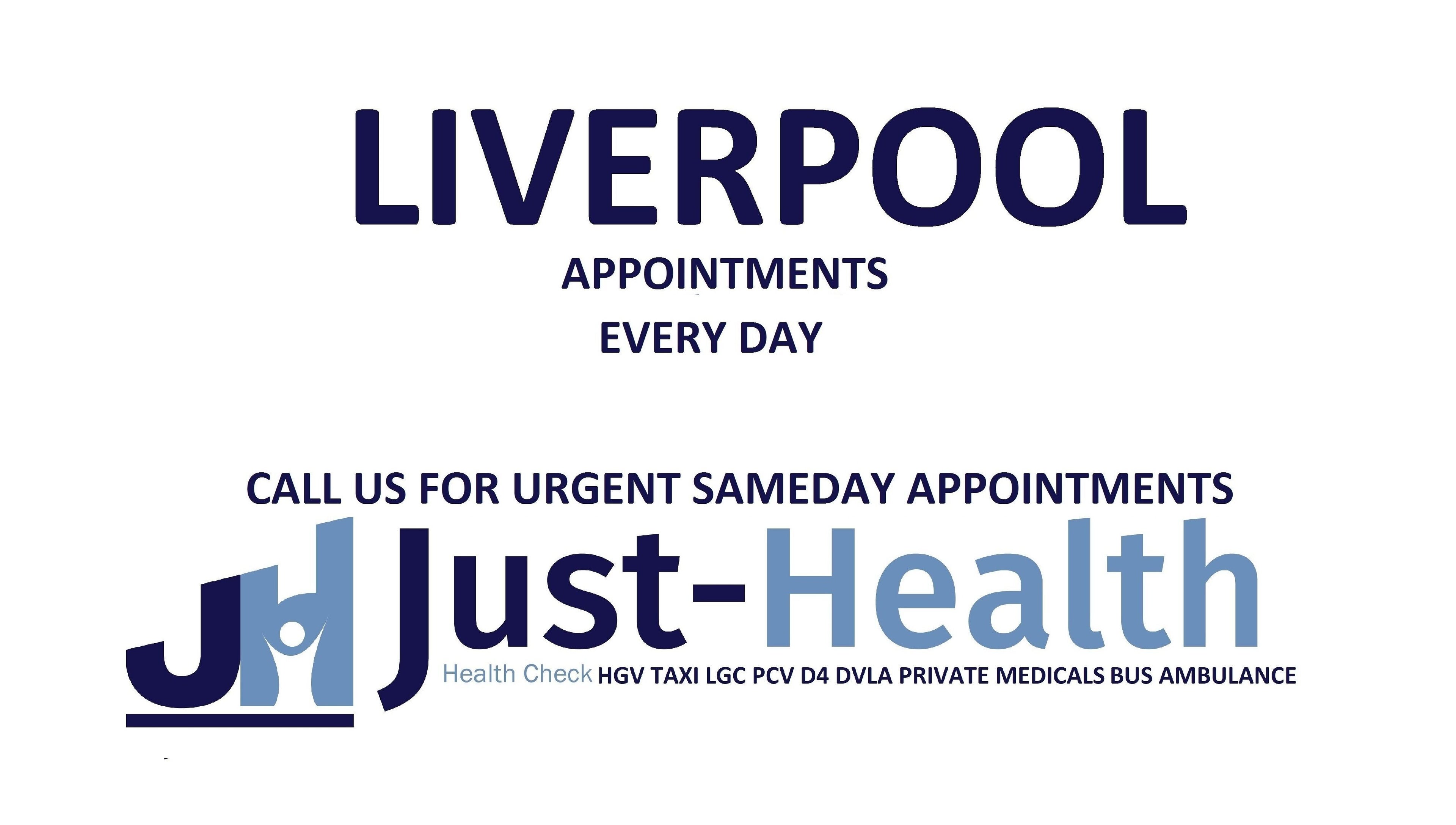 Just Health Liverpool Fairfield Driver Medical Clinic L7 9NJ offers daily appointments in Liverpool, England, GB.