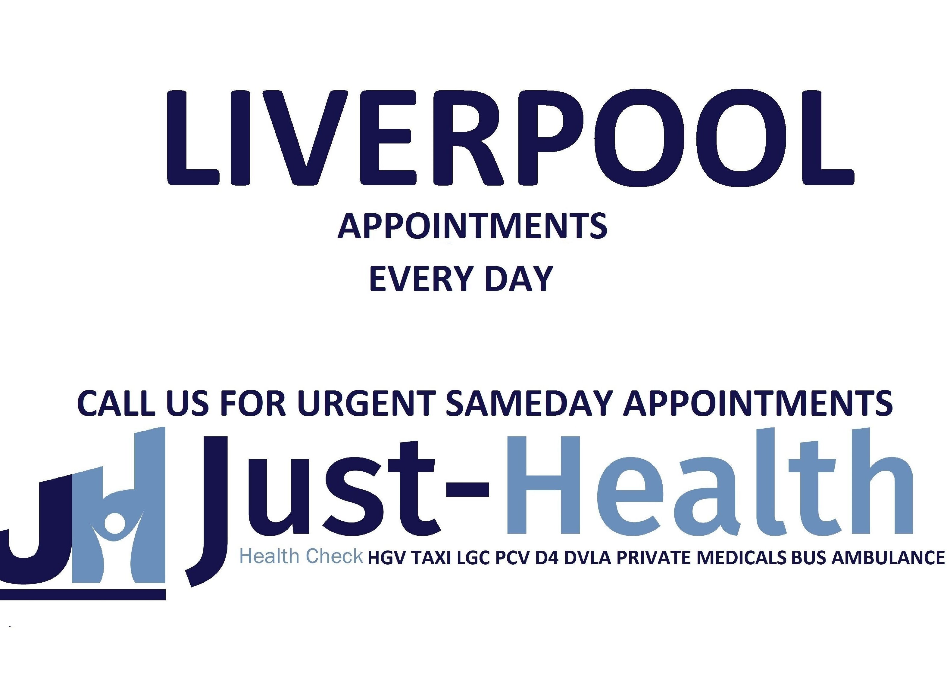 Just Health Liverpool Fairfield Driver Medical Clinic L7 9NJ offers daily appointments in Liverpool, England, GB.