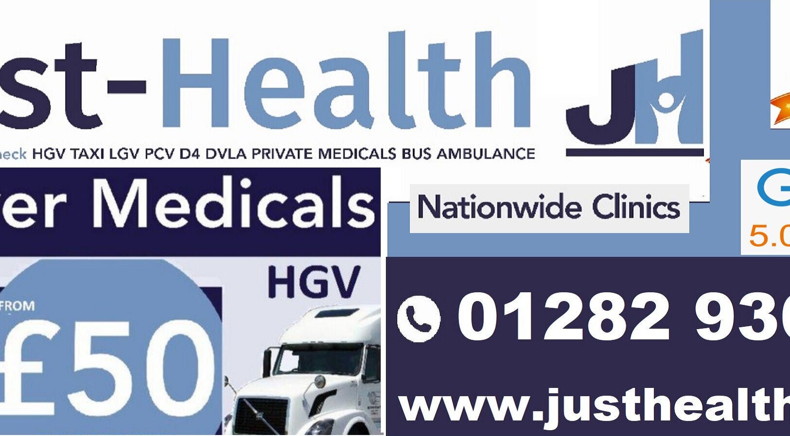 Branding display for Just Health Liverpool Fairfield Driver Medical Clinic L7 9NJ, located in Liverpool, England, GB.
