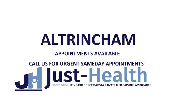 Just Health Altrincham Driver Medical Clinic WA14 4DZ offers urgent sameday appointments in Altrincham, England, GB.