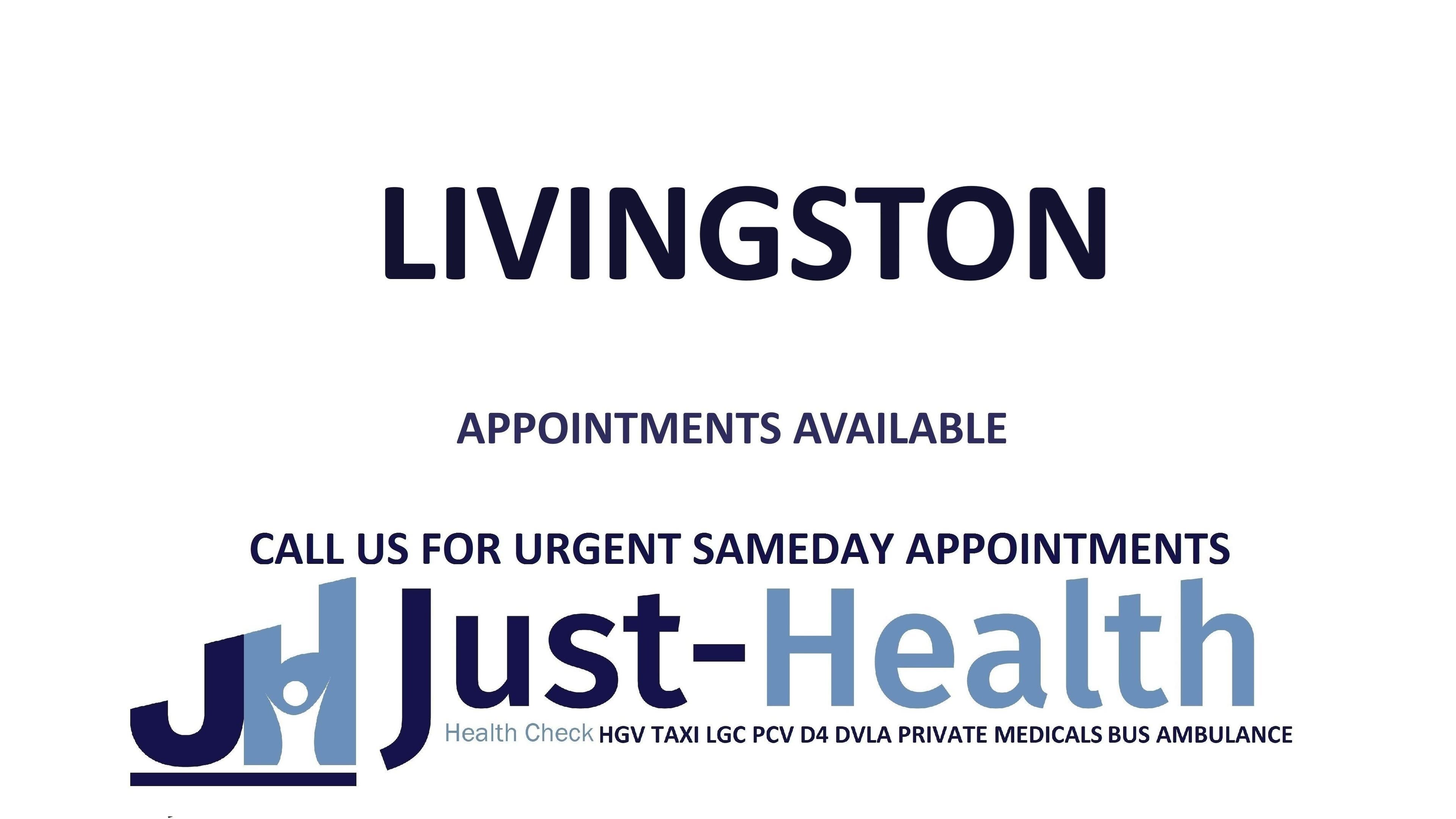 Just Health Livingston Scotland Driver Medicals EH54 8GA offers same-day appointments in Livingston, Scotland, GB.