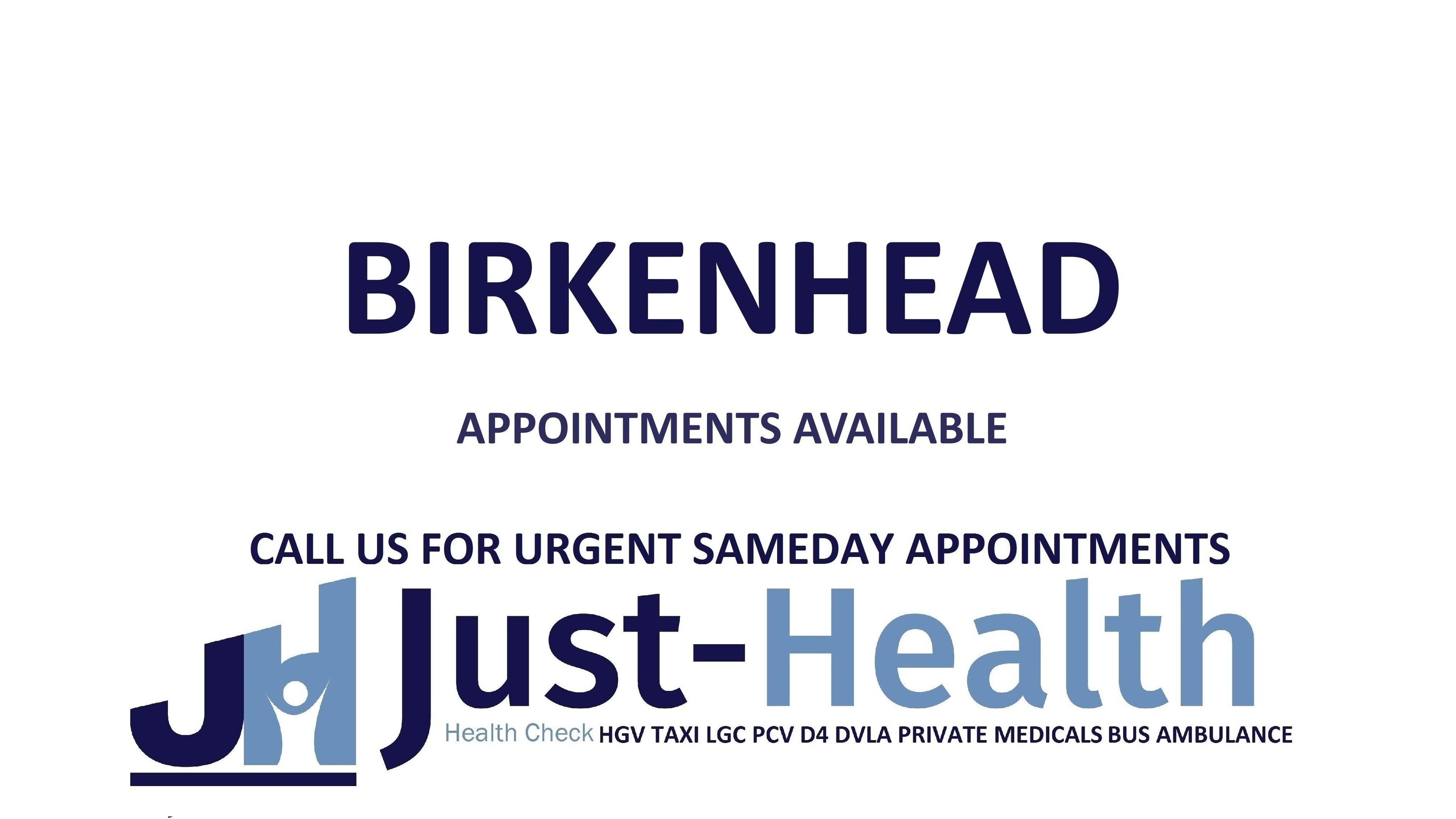 Just Health Birkenhead Wallasey Driver Medicals CH41 1EB with appointments available in Birkenhead, England, GB.