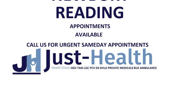 Just Health Reading Driver Medical Clinic RG2 0QQ signage in Reading, England, advertising same-day appointments.