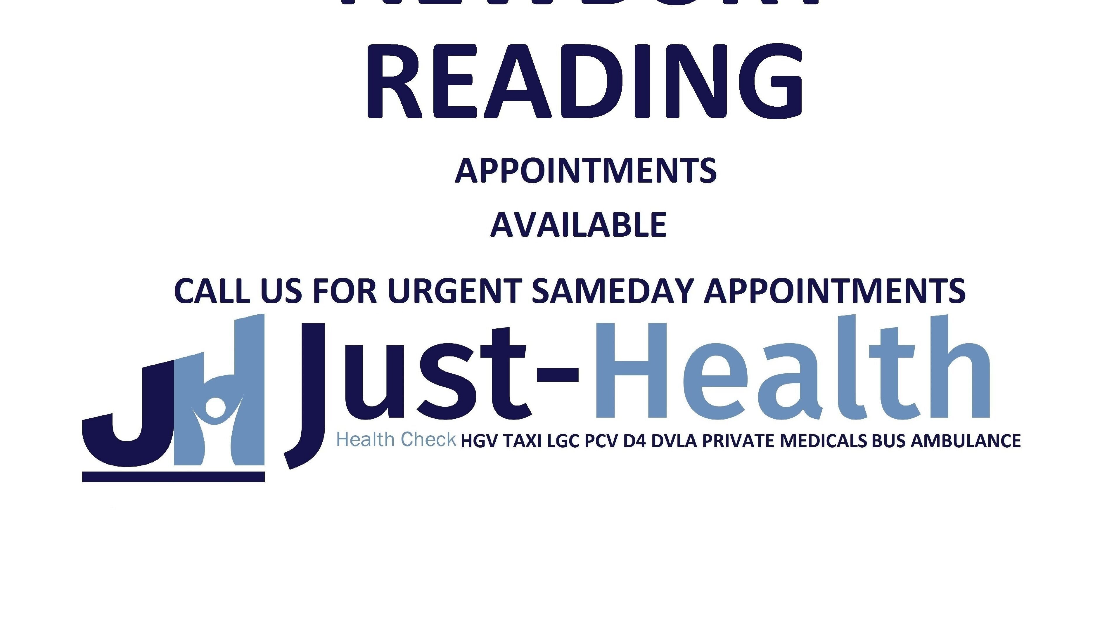 Just Health Reading Driver Medical Clinic RG2 0QQ signage in Reading, England, advertising same-day appointments.