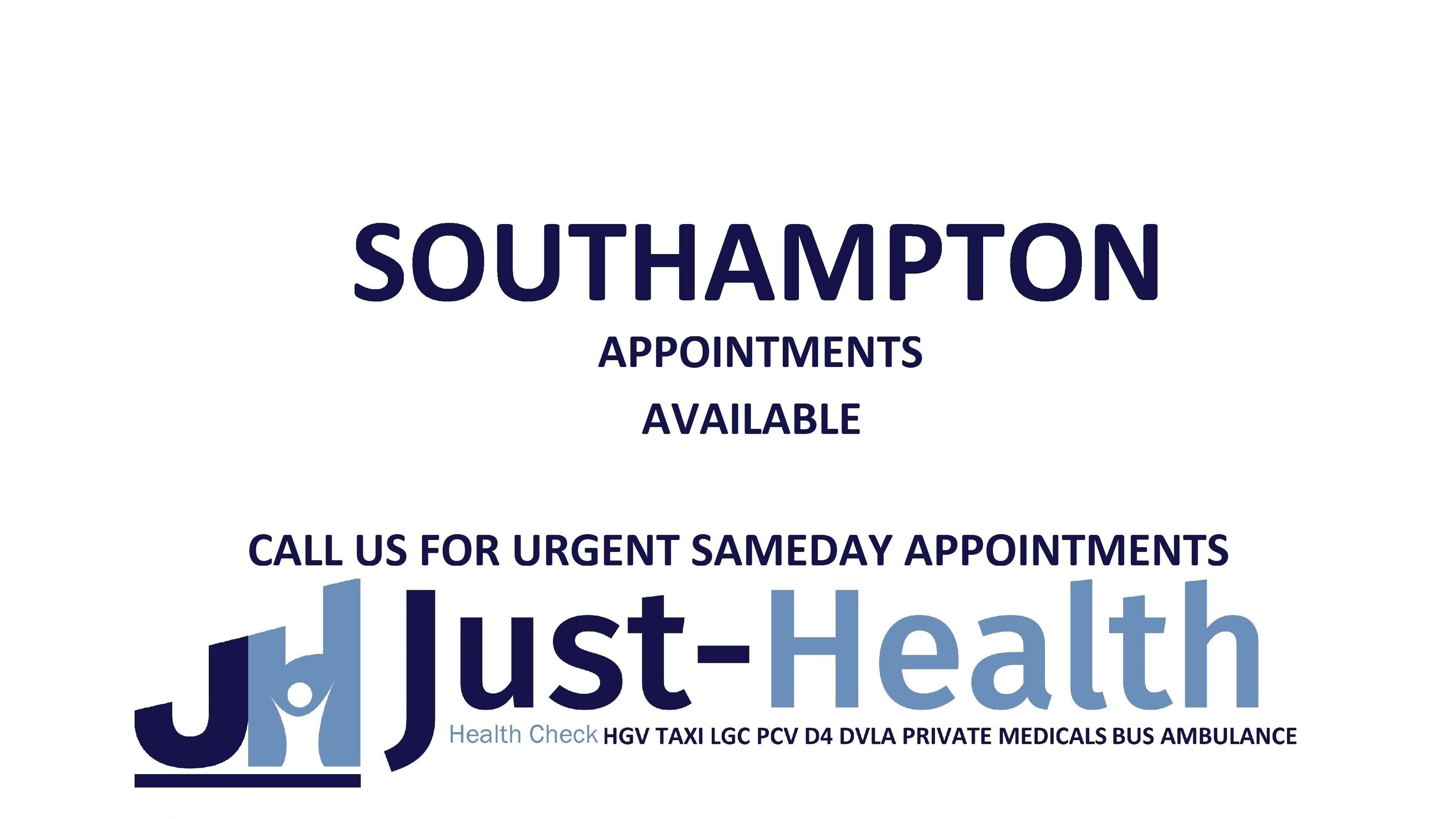 Just Health Southampton Driver Medical Clinic SO50 4RZ offers same-day appointments in Southampton, England, GB.