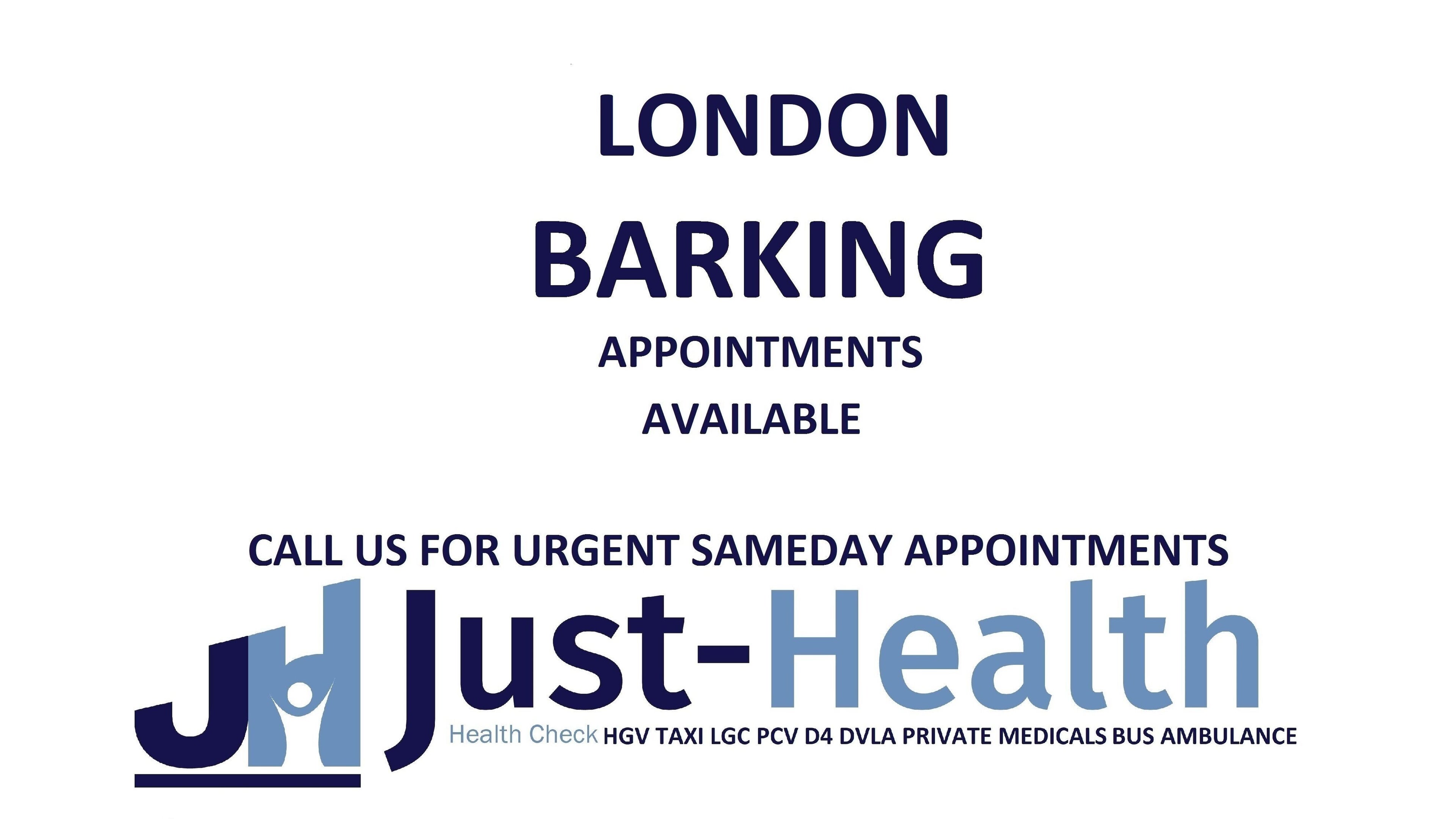 Just Health London Barking Driver Medical Clinic IG11 8BB invites appointments in London, England, GB.