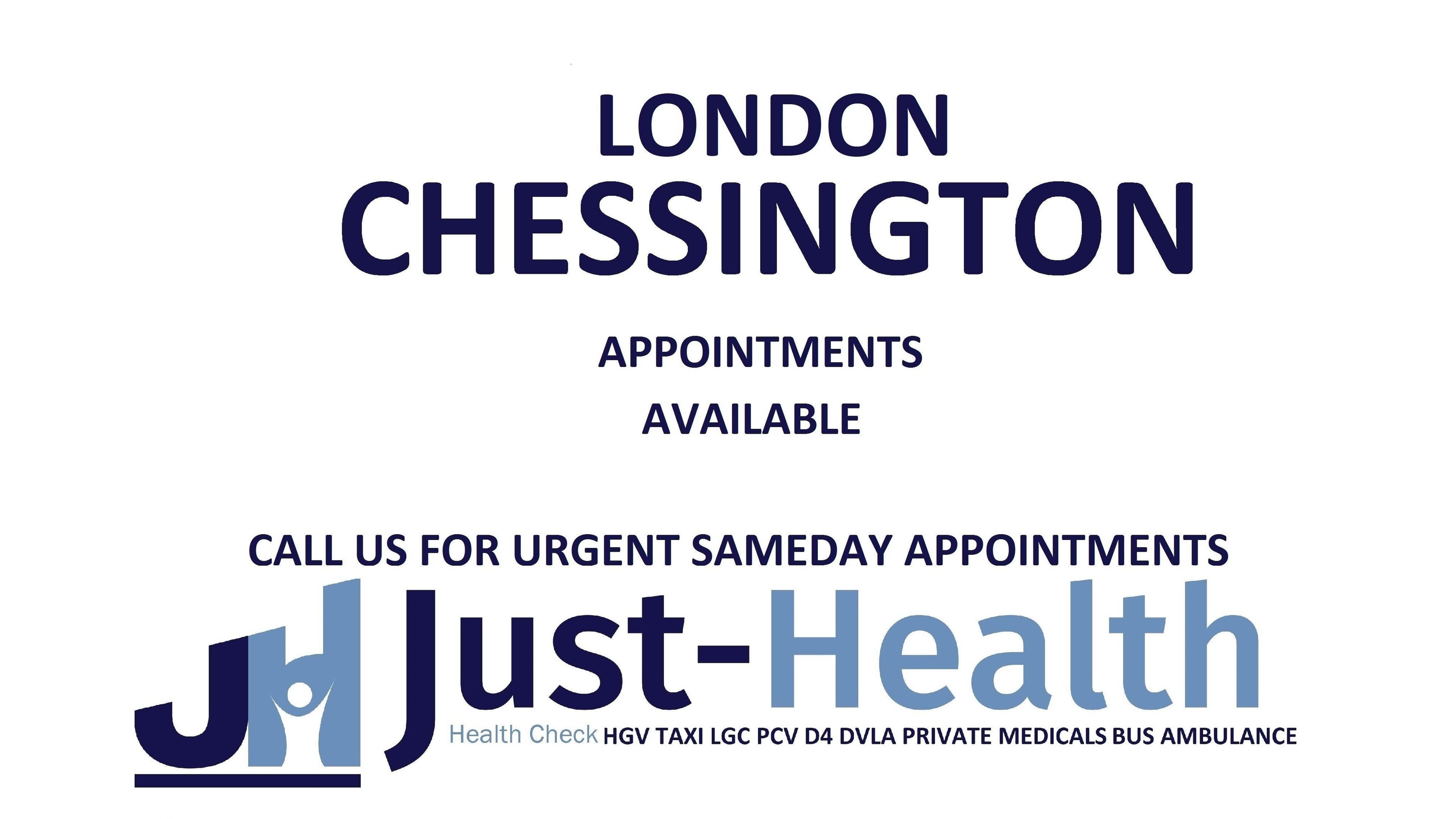 Just Health London Chessington Driver Medical Clinic KT9 2PJ in London, England offering same-day appointments.