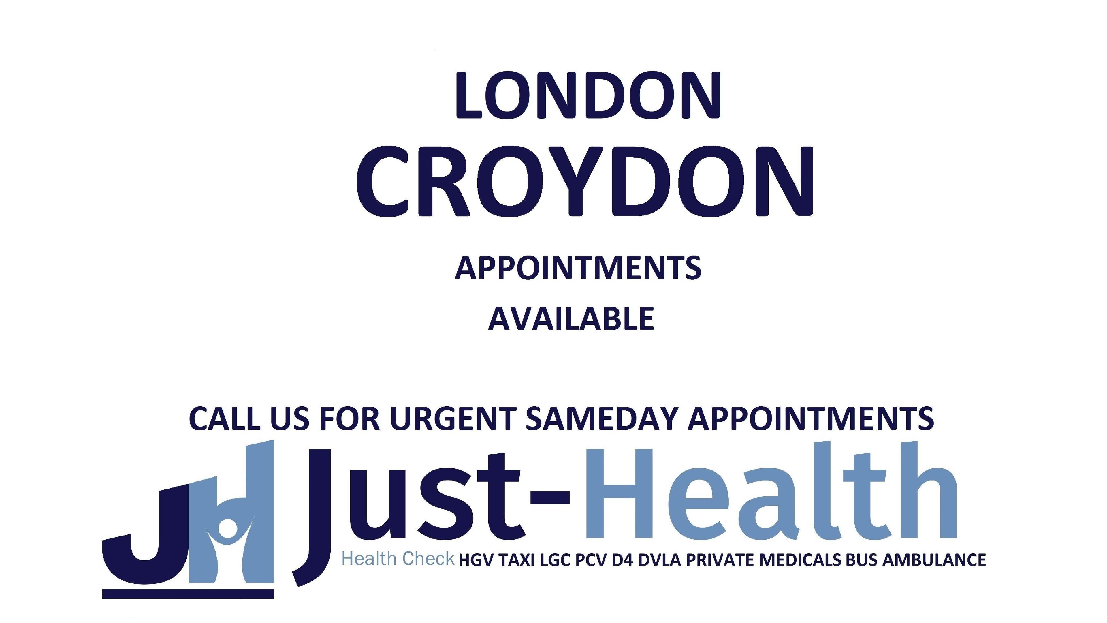 Just Health London Croydon Driver Medical Clinic CR9 2ER offers available appointments in London, GB.