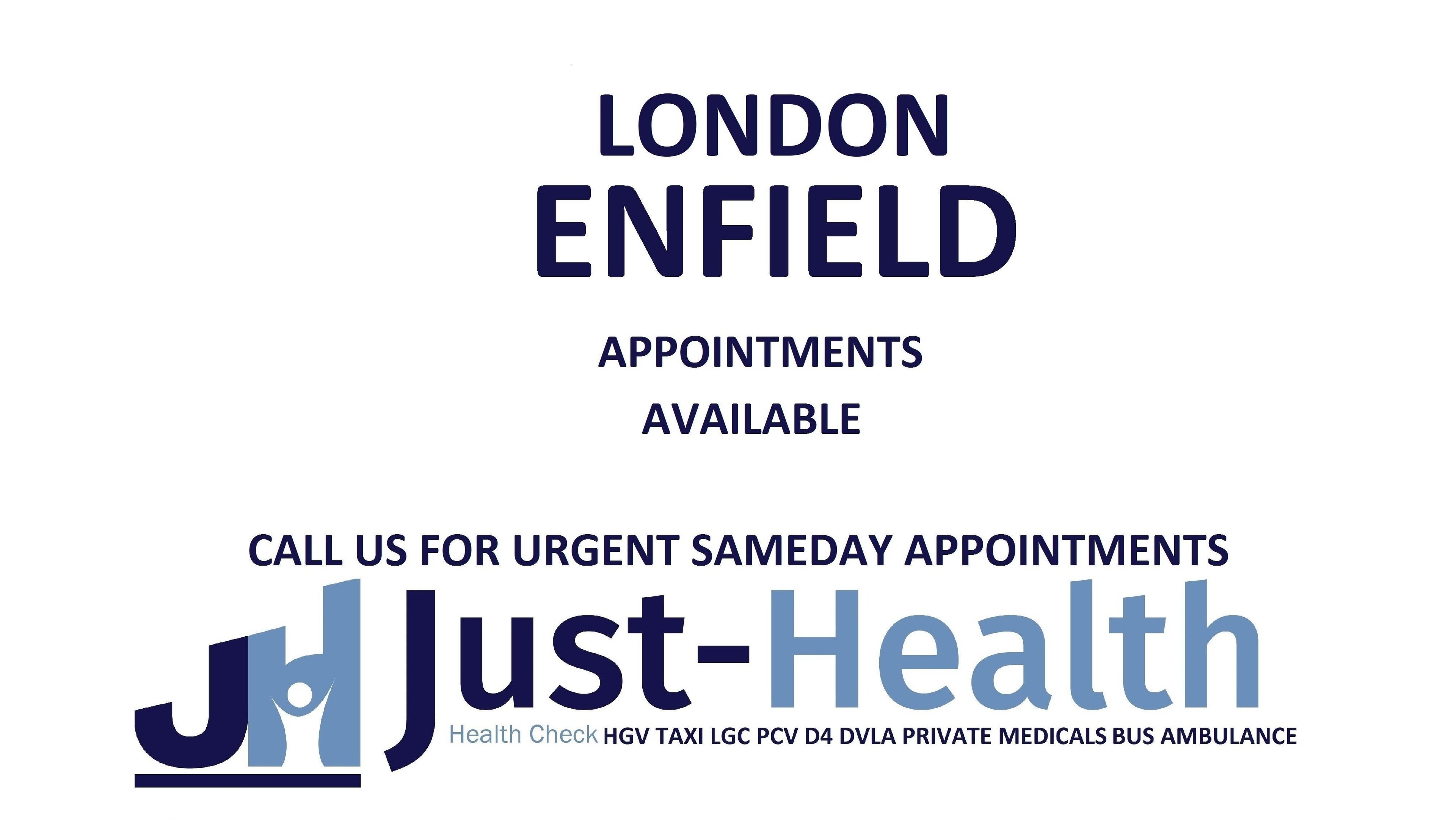 Just Health London Enfield Driver Medical Clinic EN3 7XU offers same-day appointments in London, England, GB.