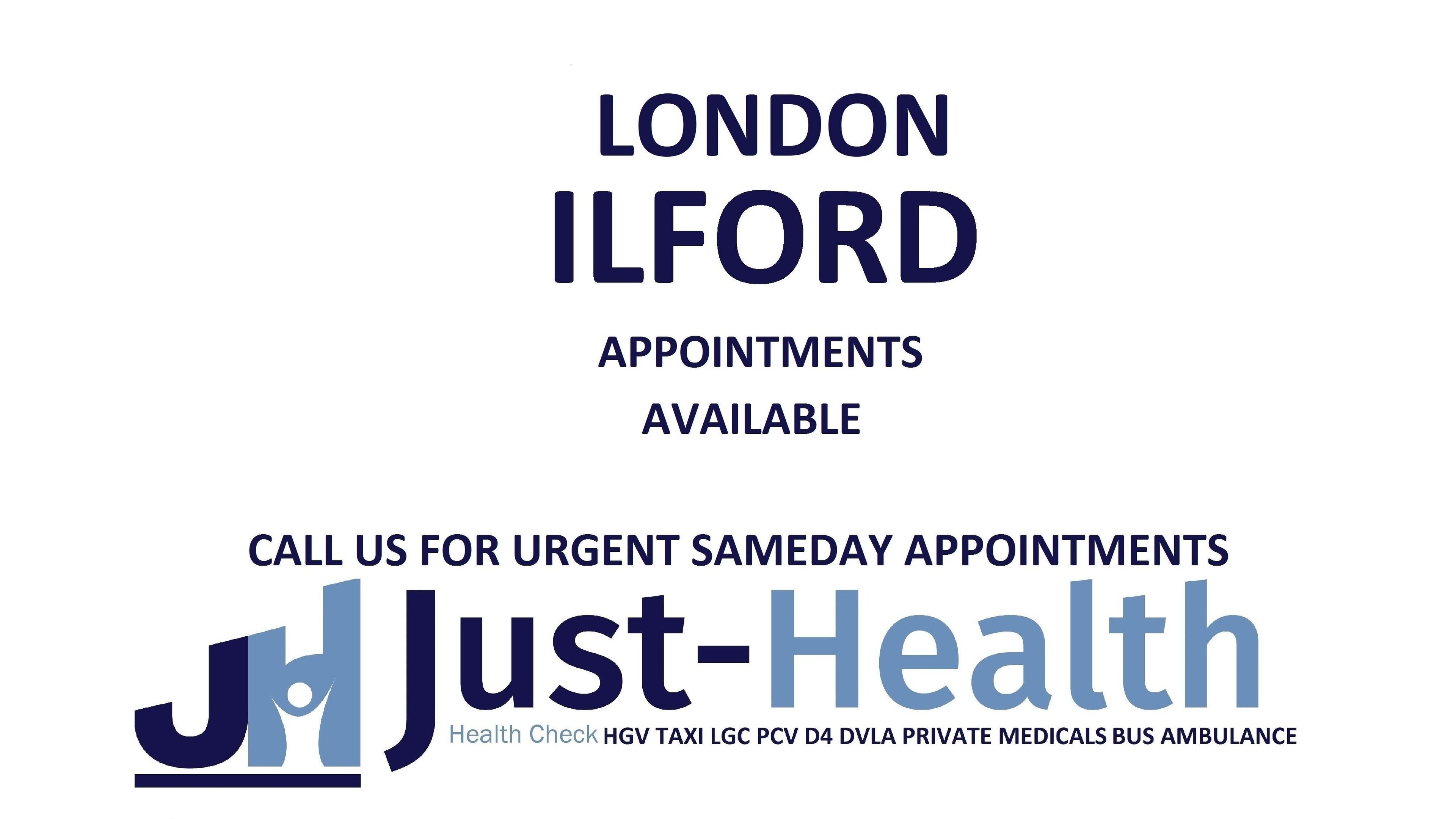 Sign for Just Health London Ilford Driver Medical Clinic IG4 5EY, located in London, England, GB. Appointments available.