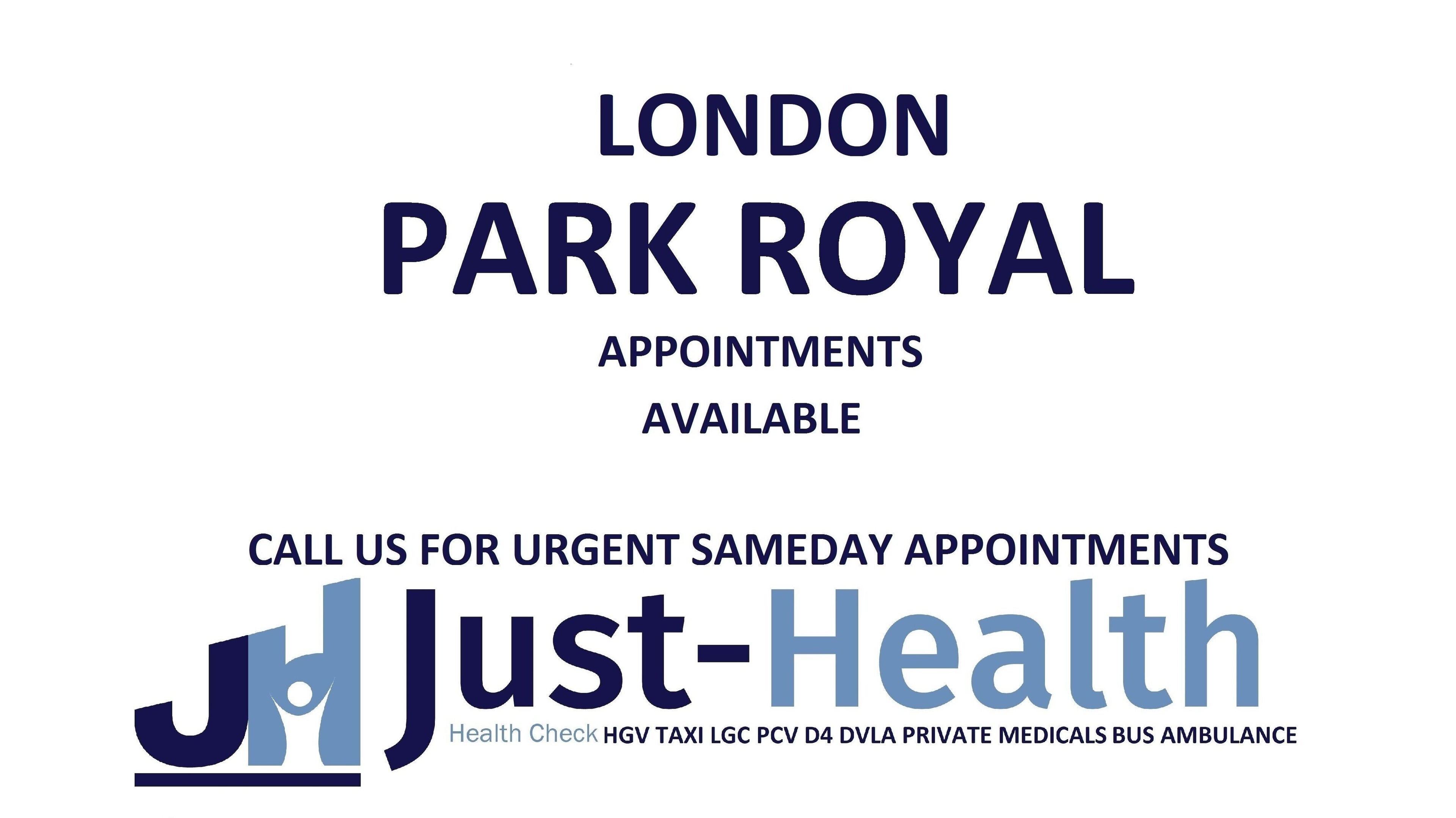 Just Health London Park Royal Driver Medicals NW10 7FQ banner for appointments in London, England, GB.