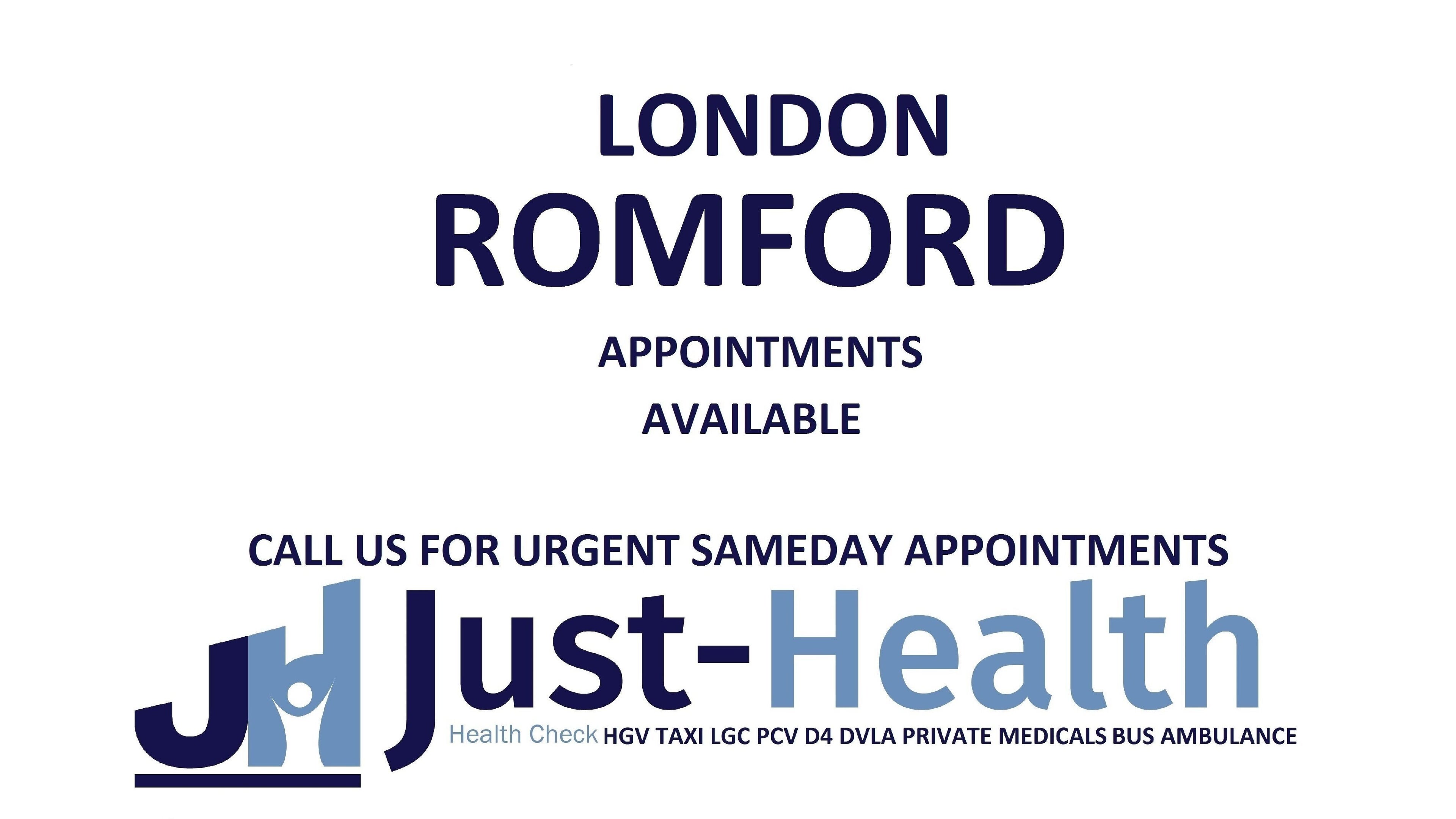 Just Health London Romford Hornchurch D4 Medicals RM11 1QJ venue offers appointments in London, England, GB.