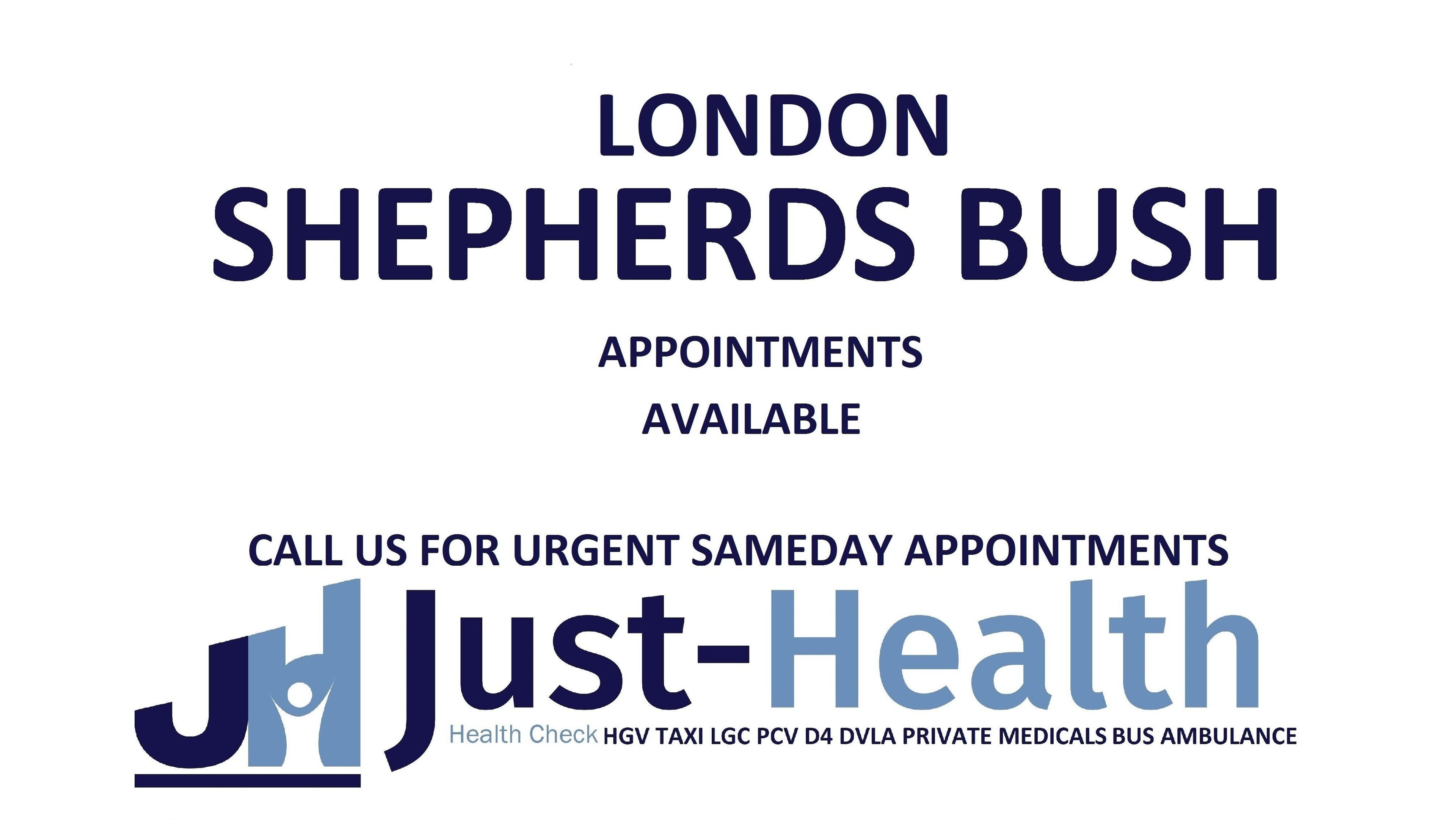 Just Health London Shepherds Bush Driver Medicals W12 8HD offers appointments in London, England, GB.