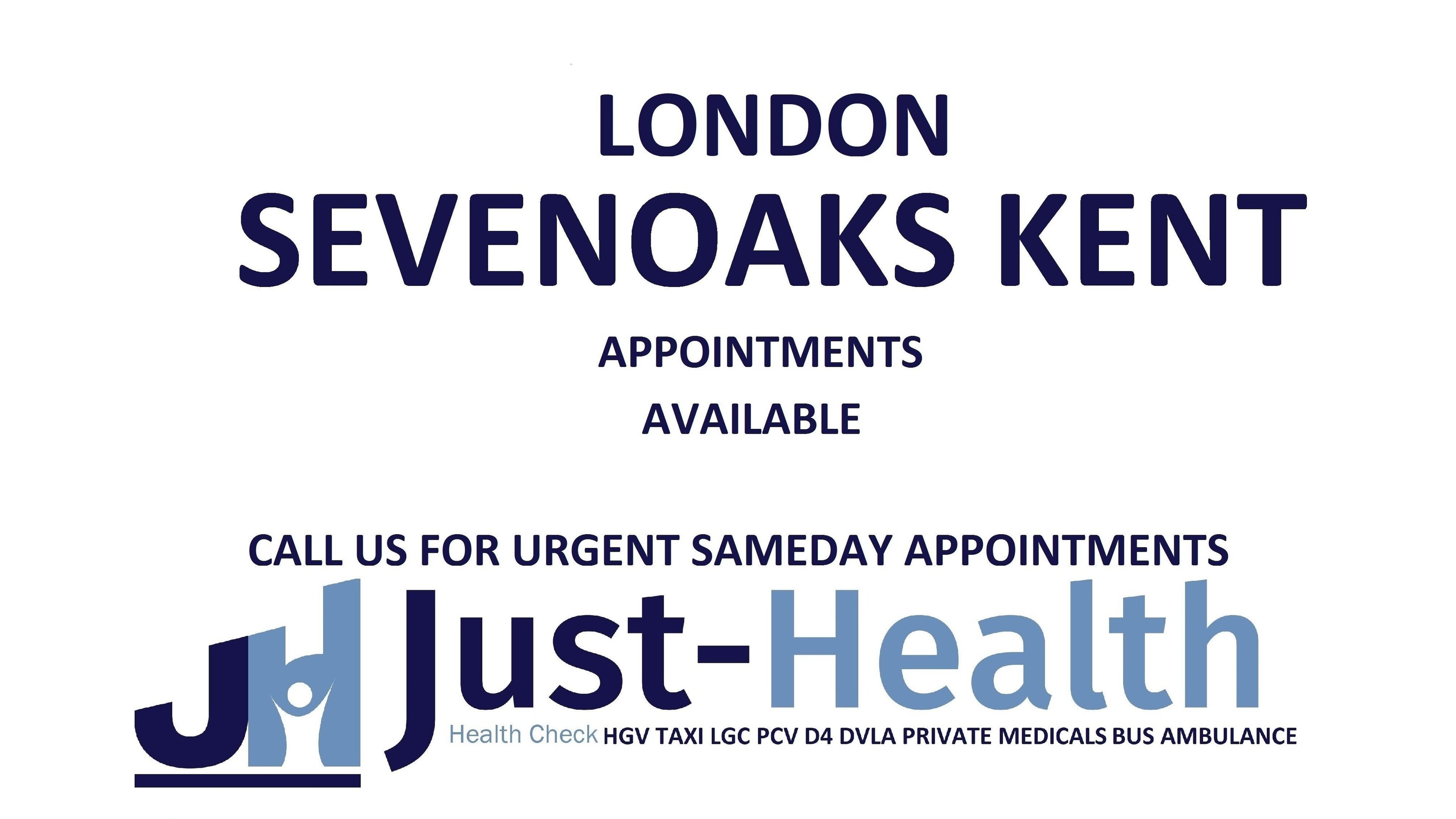 Just Health London Sevenoaks Driver Medicals TN13 3PW offers same-day appointments, located in London, England, GB.