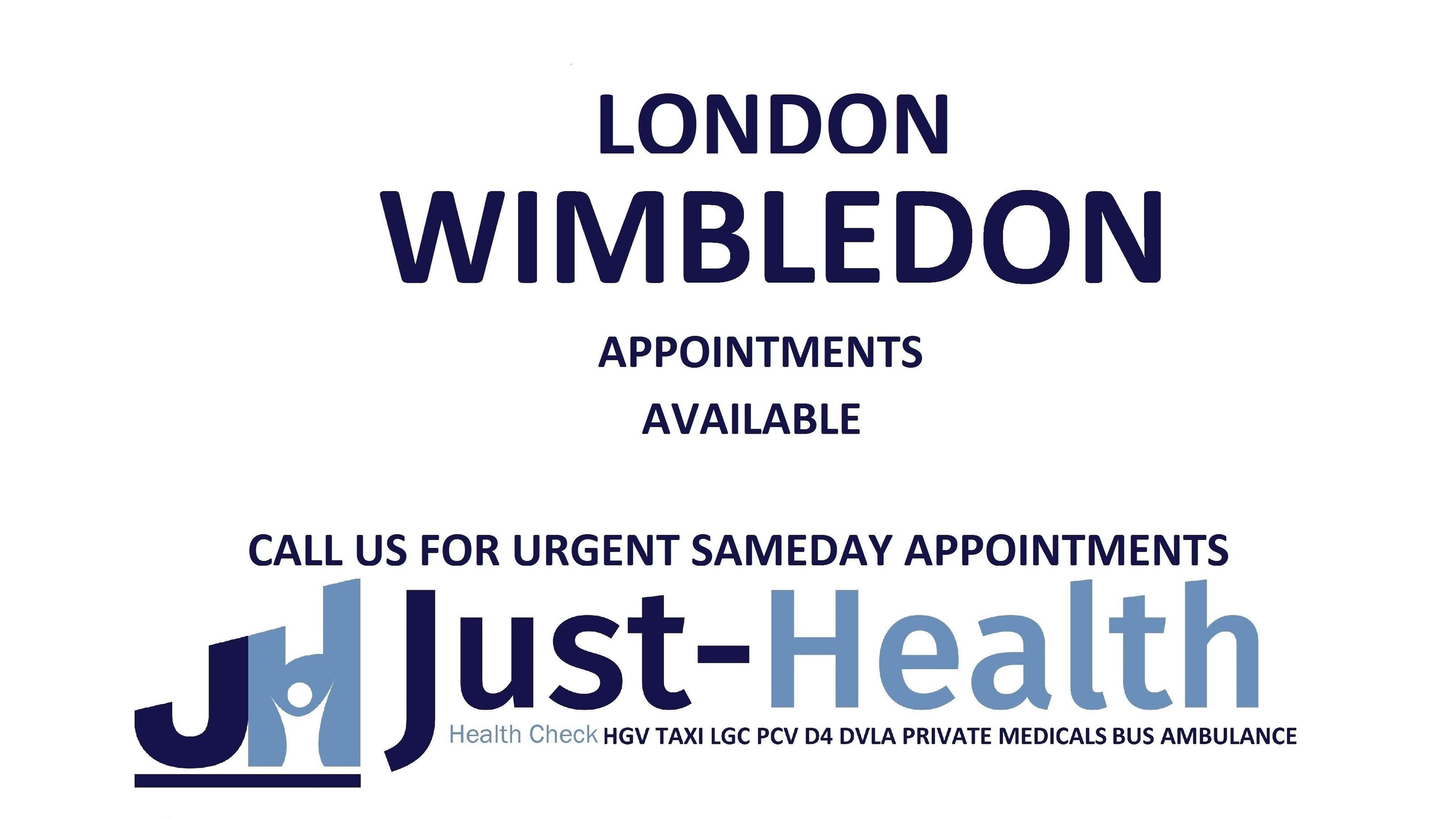 Just Health London Wimbledon Driver Medical Clinic SW19 8NJ offers appointments. Located in London, England, GB.