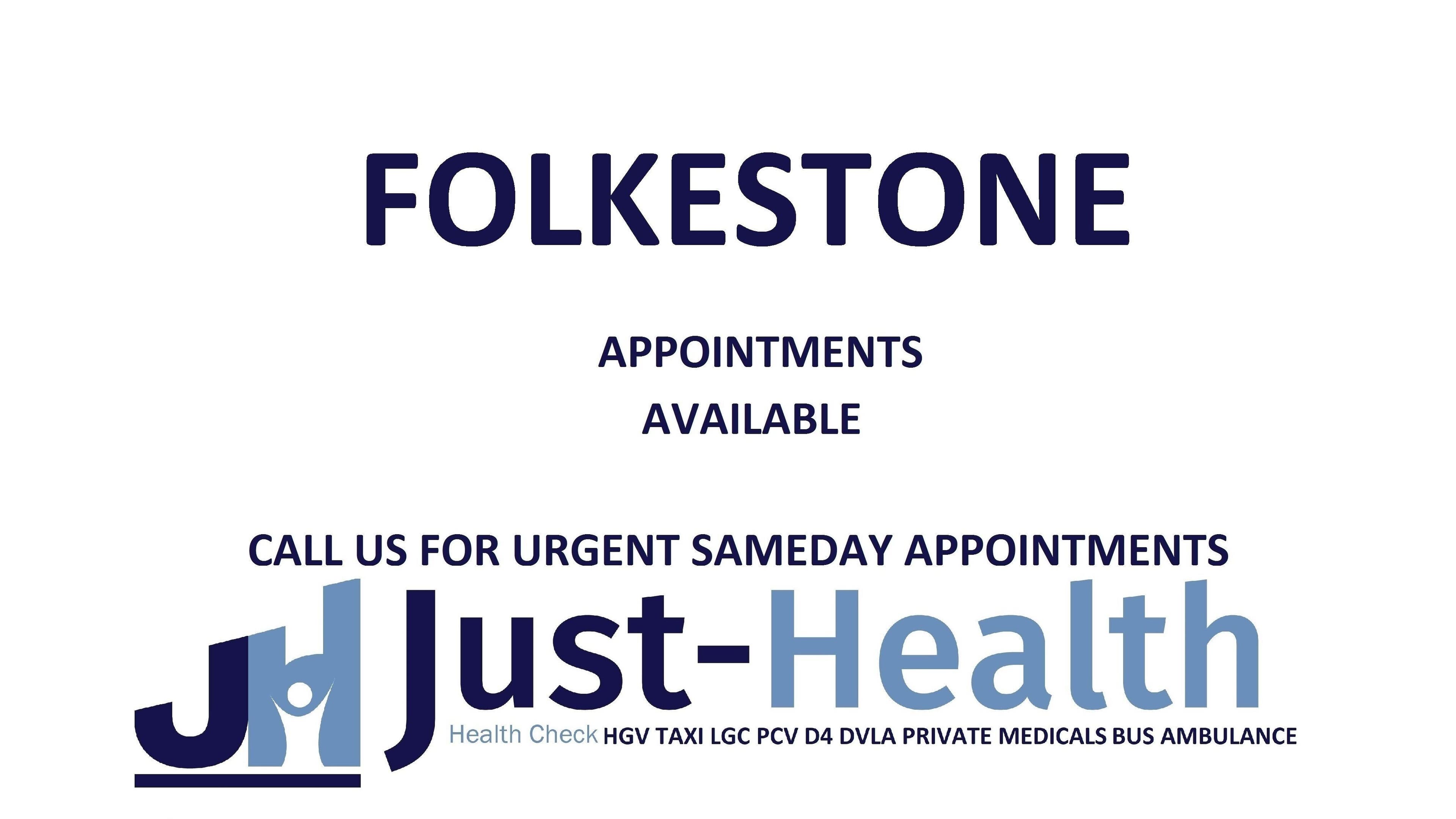 Just Health Folkestone Kent Driver Medicals Clinic offers same-day appointments in Folkestone, England, GB.