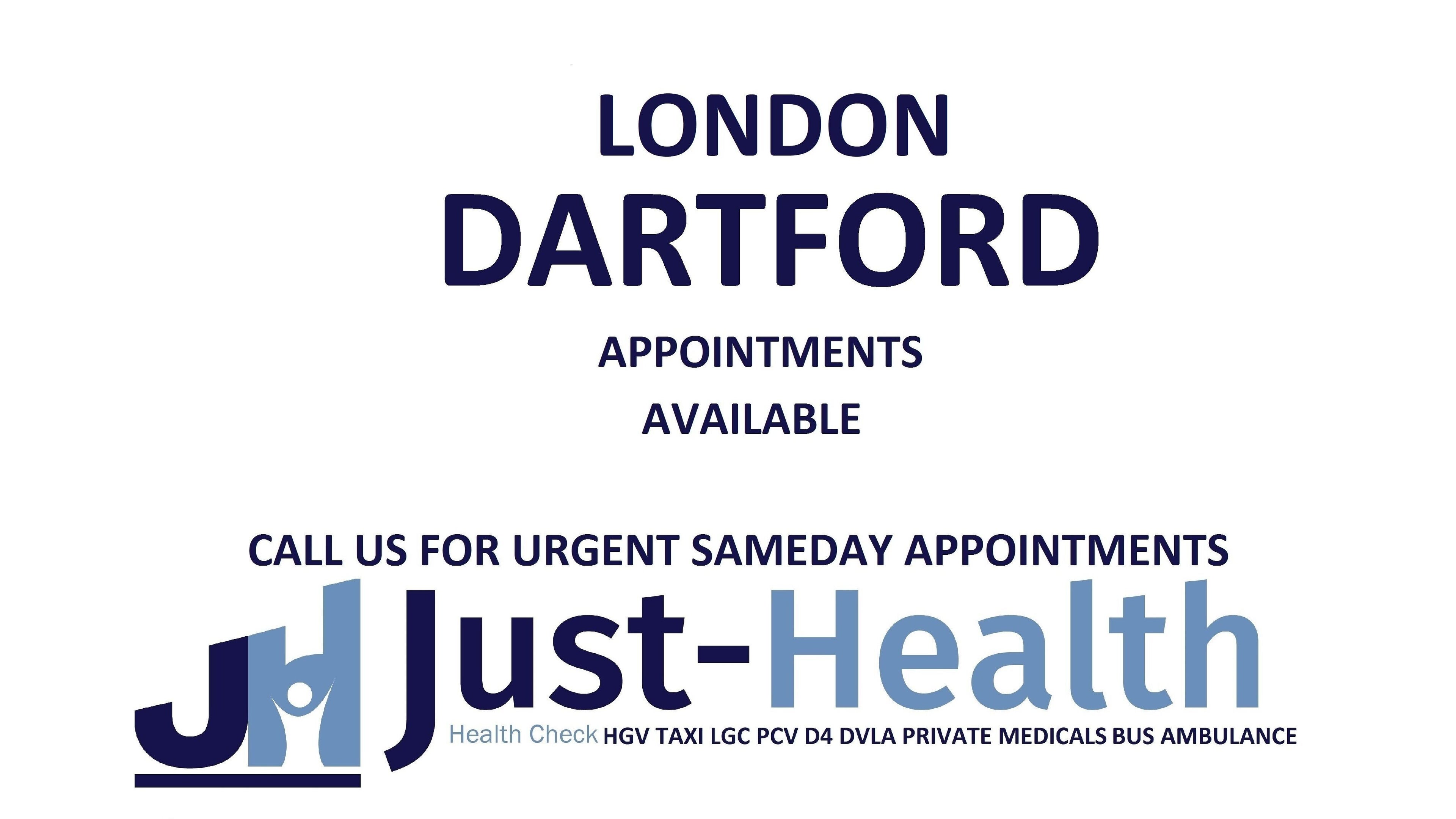 Just Health Dartford Driver Medical Clinic DA1 1DZ sign in London (Dartford), England, GB offering appointments.