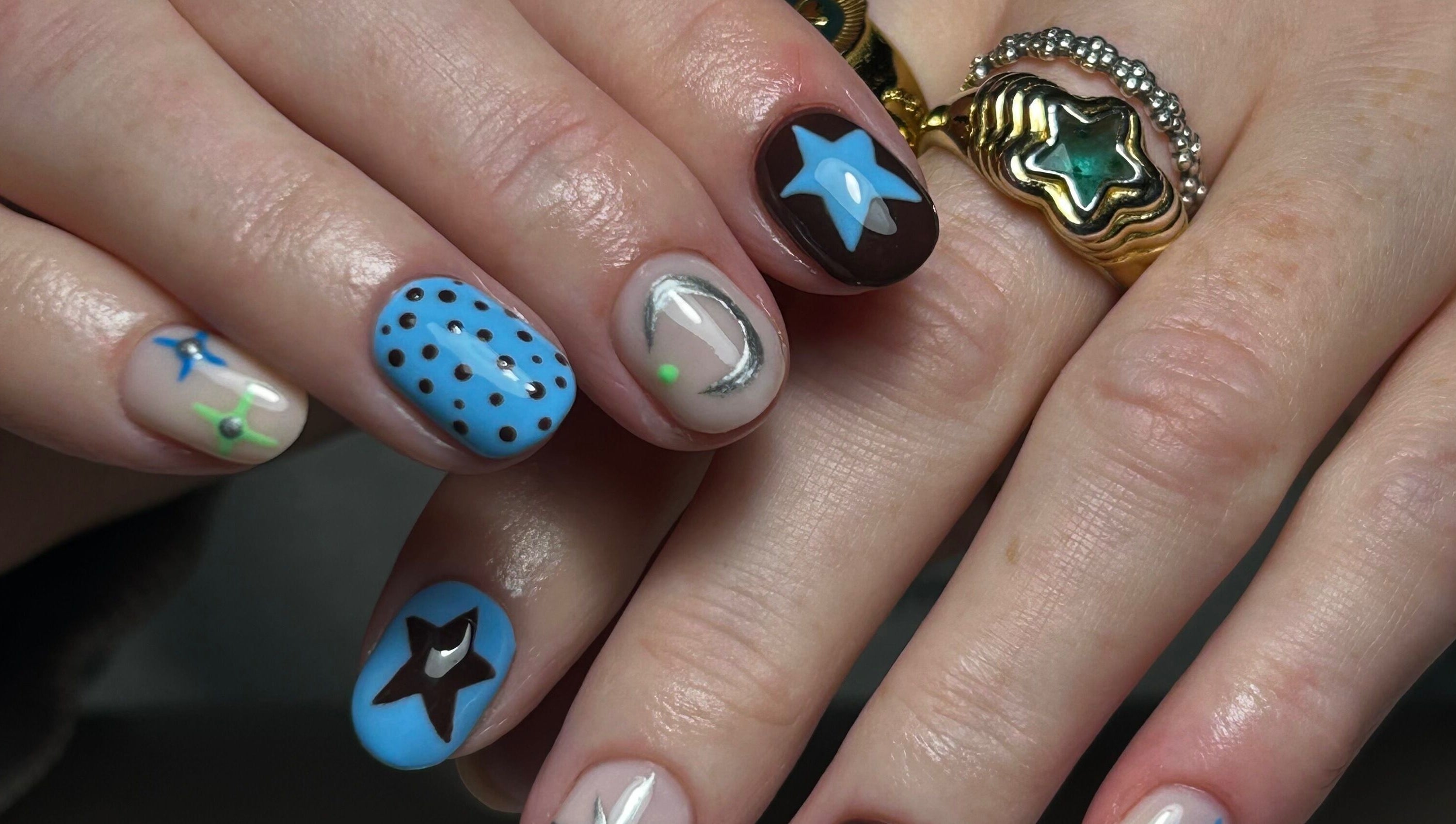 Intricate star and dot nail art by nailsbyaoifemc in Derry, Northern Ireland, GB. Stylish and unique designs.