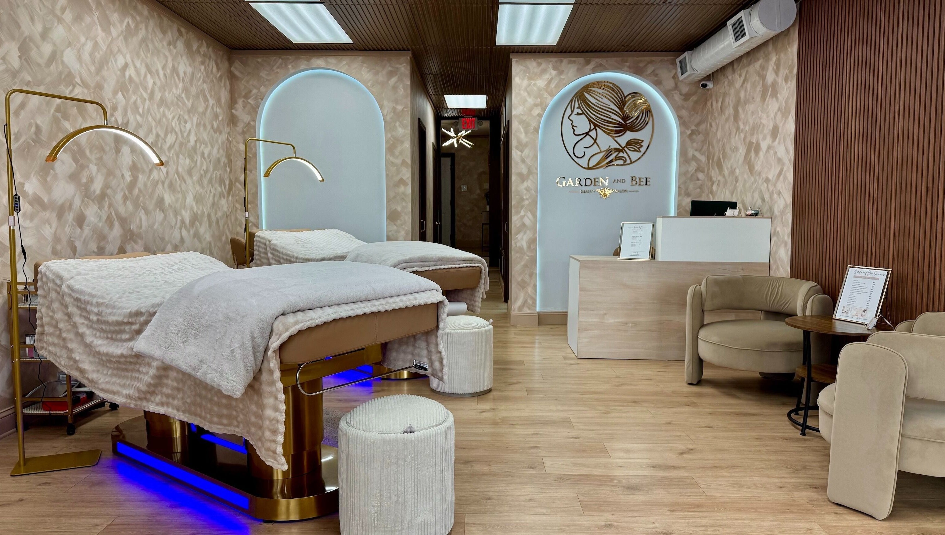 Elegant spa interior with plush beds at Garden and Bee, Eatontown, New Jersey, US.