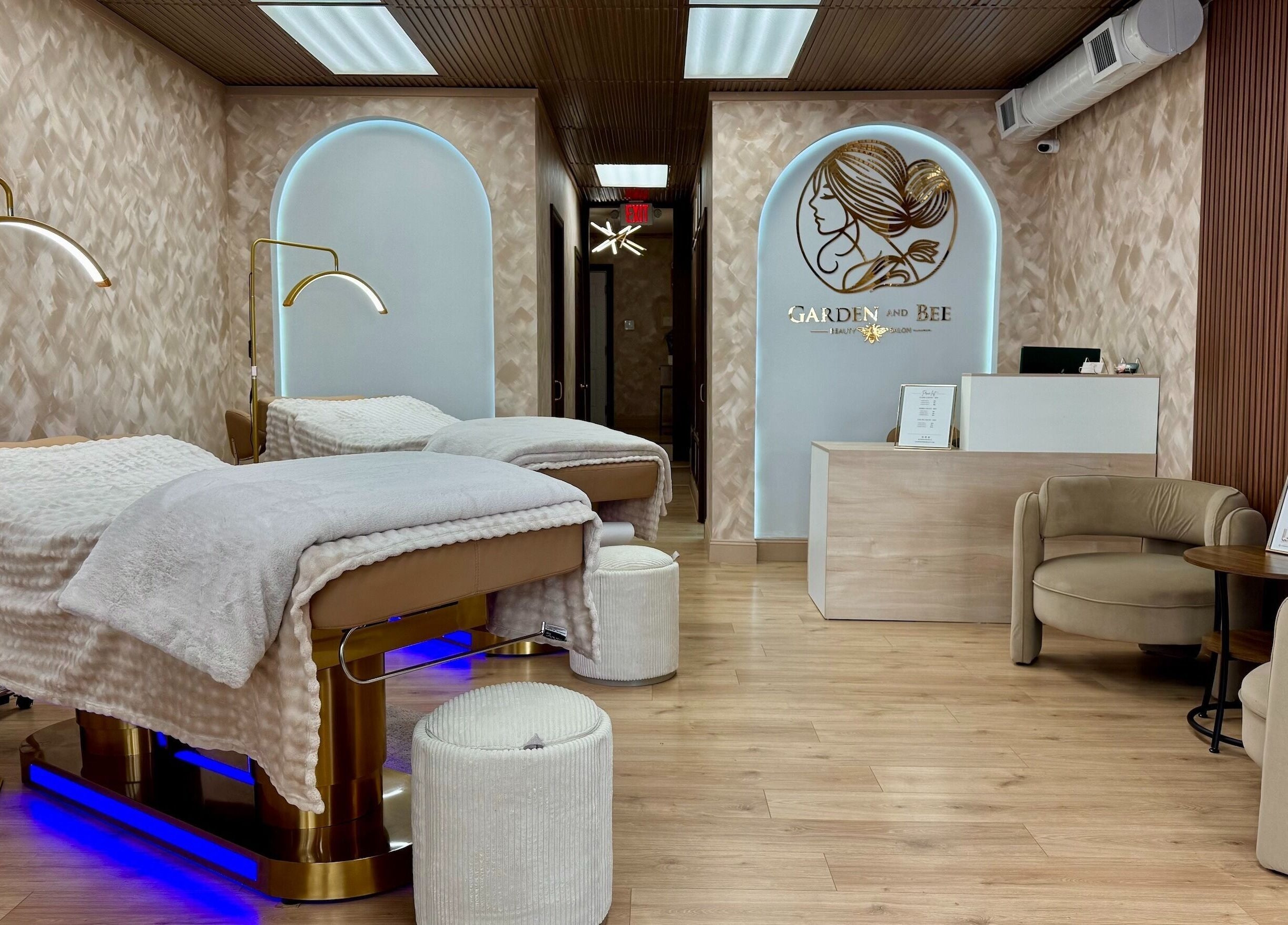 Elegant spa interior with plush beds at Garden and Bee, Eatontown, New Jersey, US.