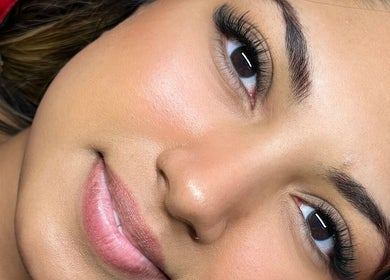 Close-up of a woman with flawless skin and lush lashes at BBS Beauty Gramm, Royal Leamington Spa, England, GB.
