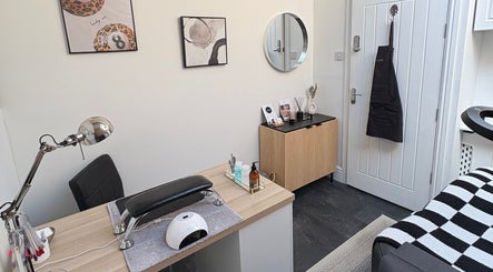 Modern nail station at Allurè Beauty, New Tupton, England, GB highlighting stylish decor and tools.