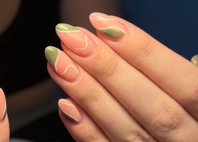 Elegant nail art with pink and green swirls at Allurè Beauty, New Tupton, England, GB.