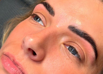 Close-up of perfectly styled eyebrows at Allurè Beauty, New Tupton, England, GB.