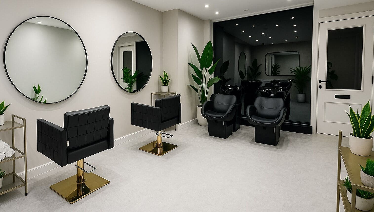 Stylish interior of HairNova Angel salon in London, England, GB with modern chairs and plants.