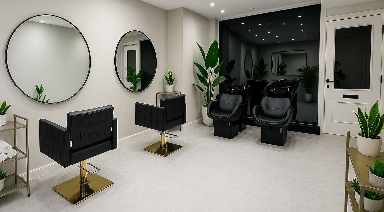 Stylish interior of HairNova Angel salon in London, England, GB with modern chairs and plants.