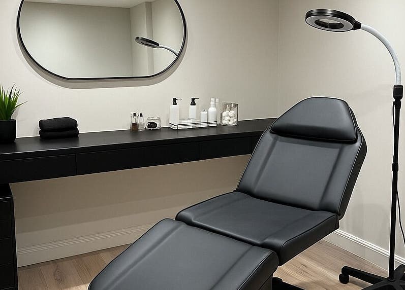 Elegant treatment room at HairNova Angel in London, England, GB featuring a sleek black chair and modern decor.