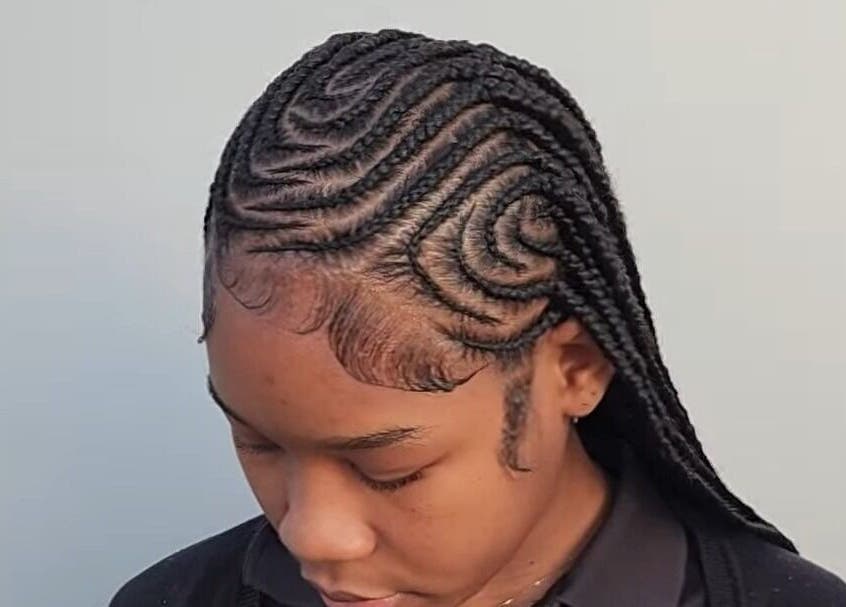 Detailed braided hairstyle at Buti Haven By Yhen in Montego Bay, St. James Parish, JM.